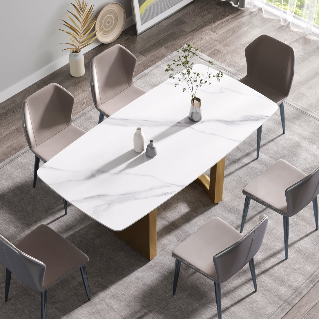 70.87"Modern Artificial Stone White Curved Golden Metal Leg Dining Table Can Accommodate 6 8 People White Metal Sintered Stone