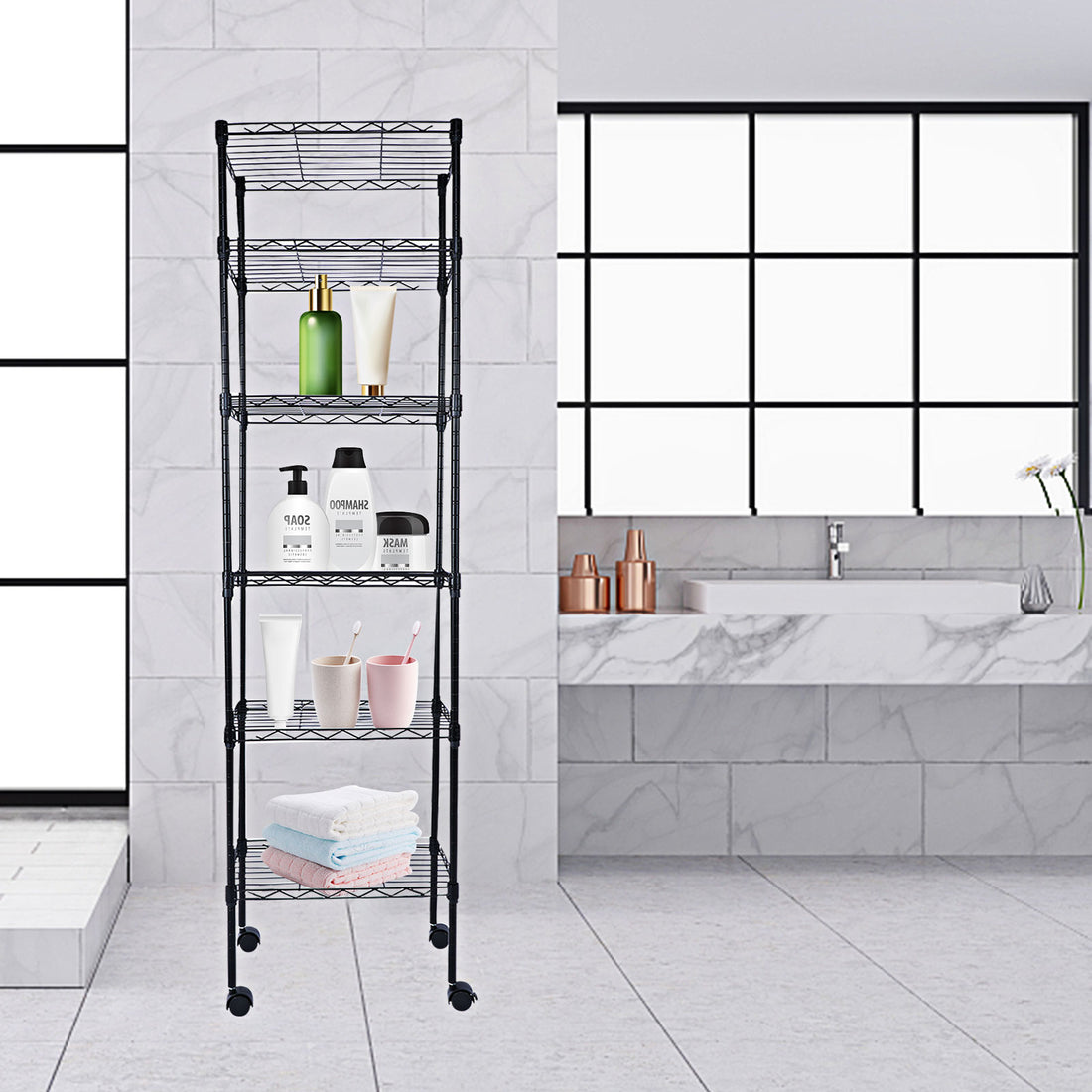 Yssoa Heavy Duty 6 Shelf Shelving With Wheels, With Hanging Hooks, Wire Shelving, Adjustable Storage Units, 17'' D X 11'' W X 63'' H, 6 Tier, Black Black Aluminum