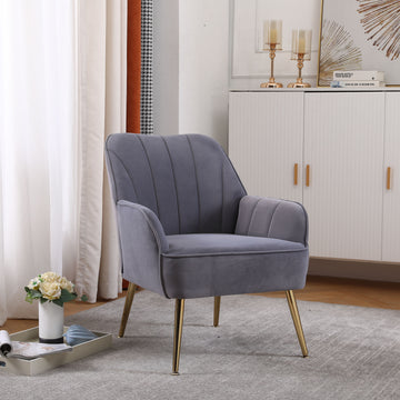 Modern Mid Century Chair Velvet Sherpa Armchair For Living Room Bedroom Office Easy Assemble Grey Foam Velvet