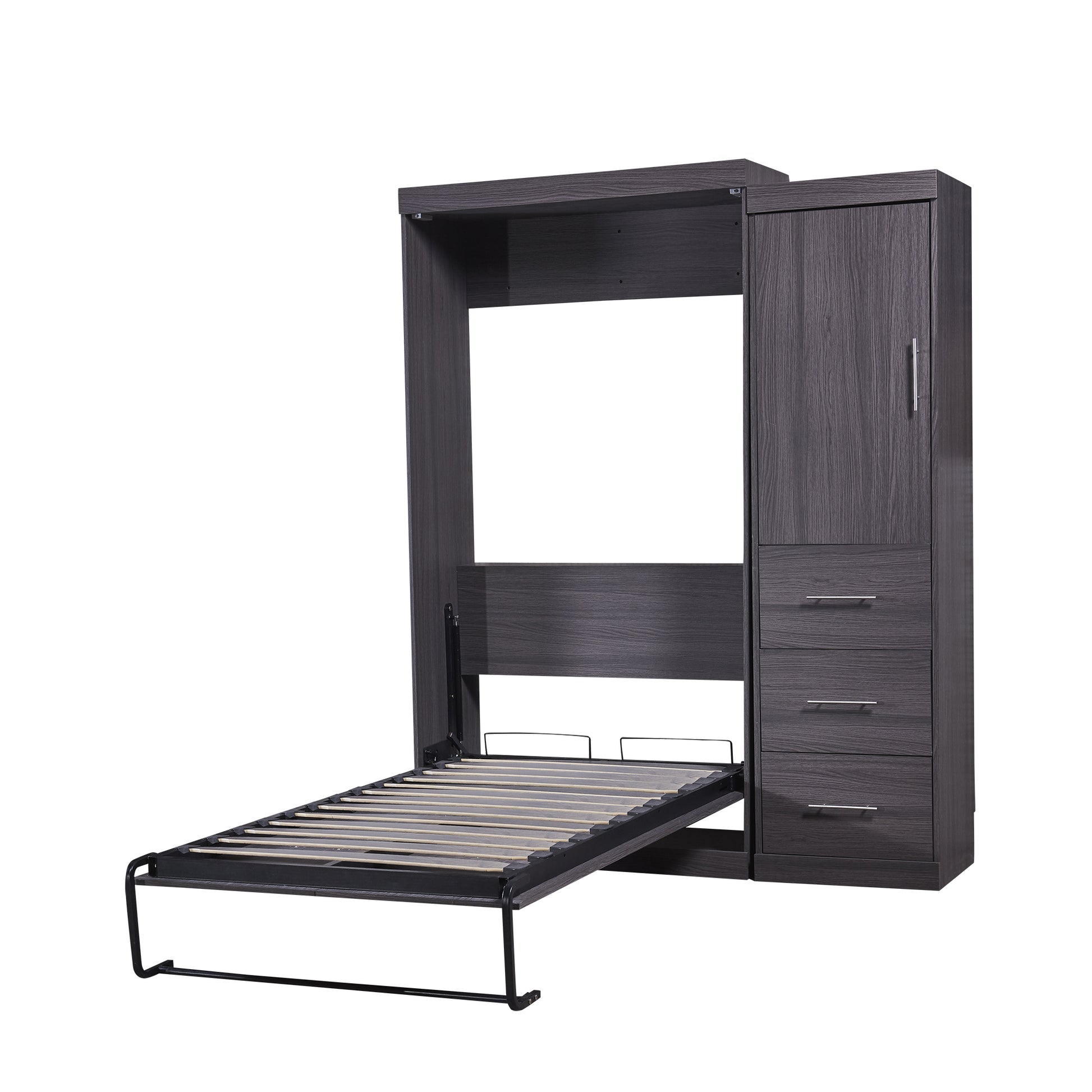 Twin Size Murphy Bed With Wardrobe And Drawers, Storage Bed, Can Be Folded Into A Cabinet, Gray Gray Pine