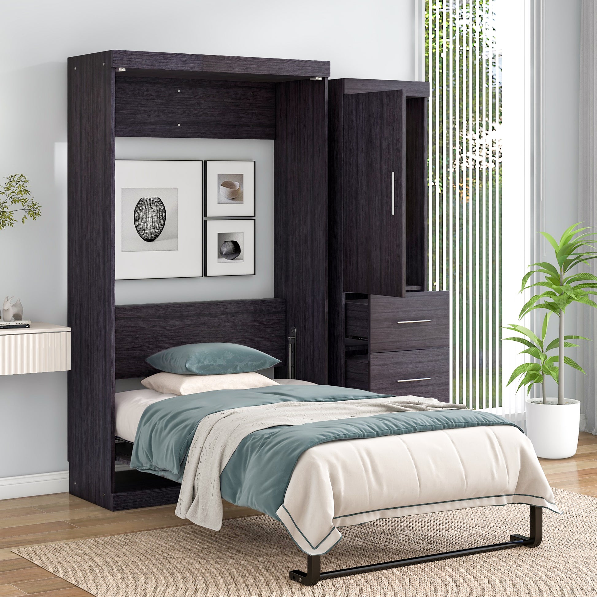 Twin Size Murphy Bed With Wardrobe And Drawers, Storage Bed, Can Be Folded Into A Cabinet, Gray Gray Pine