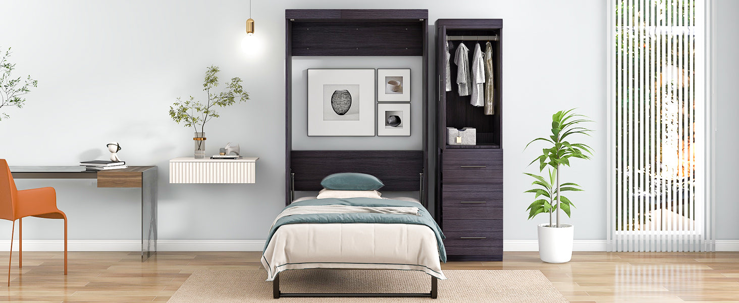 Twin Size Murphy Bed With Wardrobe And Drawers, Storage Bed, Can Be Folded Into A Cabinet, Gray Gray Pine