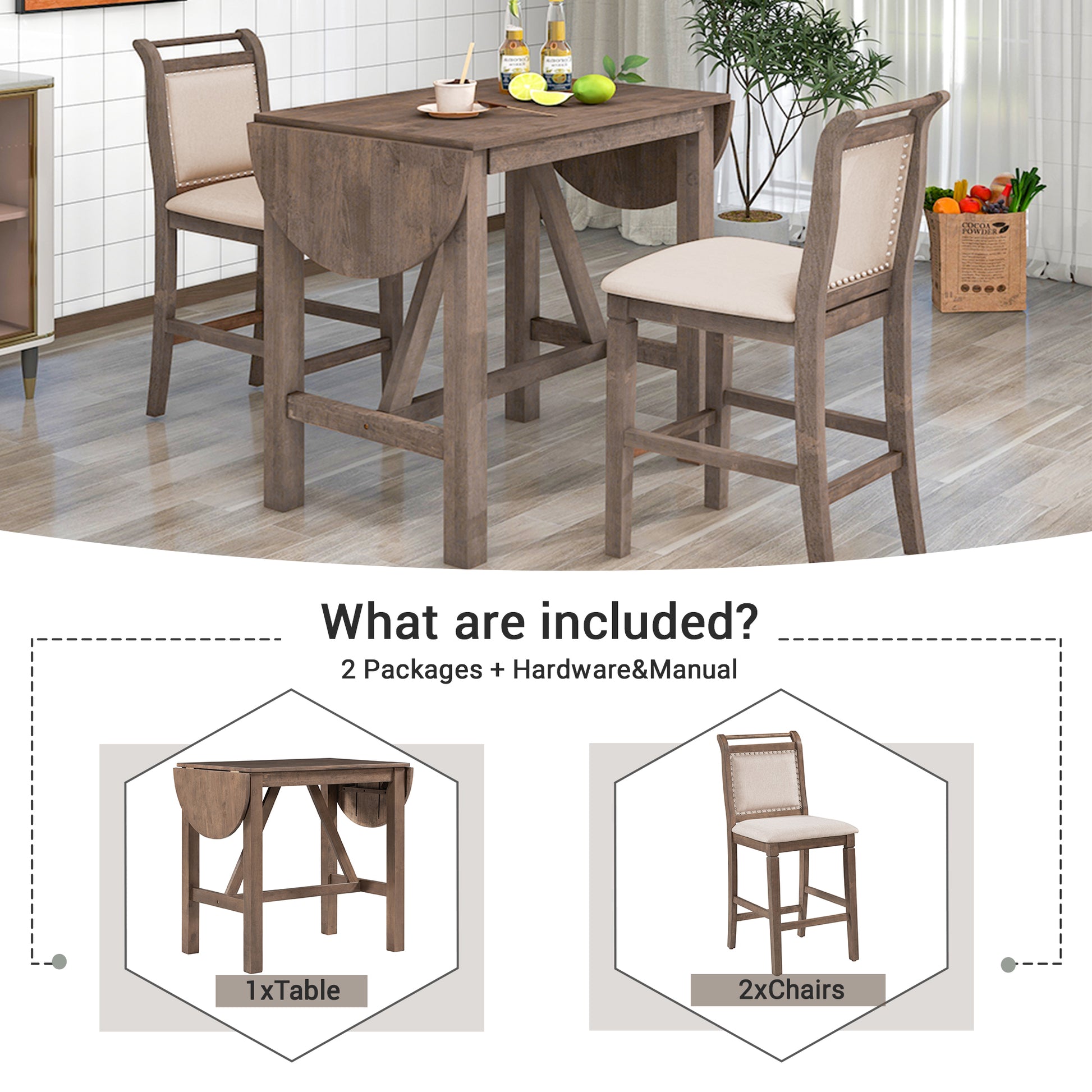 3 Piece Wood Counter Height Drop Leaf Dining Table Set With 2 Upholstered Dining Chairs For Small Place, Brown Brown Wood Dining Room Folding Rubberwood Oval Dining Table With Chair Upholstered