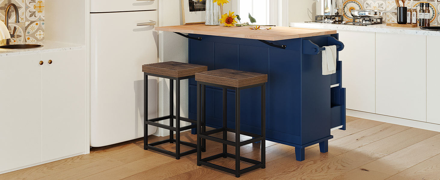 Farmhouse Kitchen Island Set With Drop Leaf And 2 Seatings,Dining Table Set With Storage Cabinet, Drawers And Towel Rack, Blue Black Brown Blue Kitchen Farmhouse Rectangular Kitchen Island Sets Rubberwood Solid Wood Small Less Than 40In