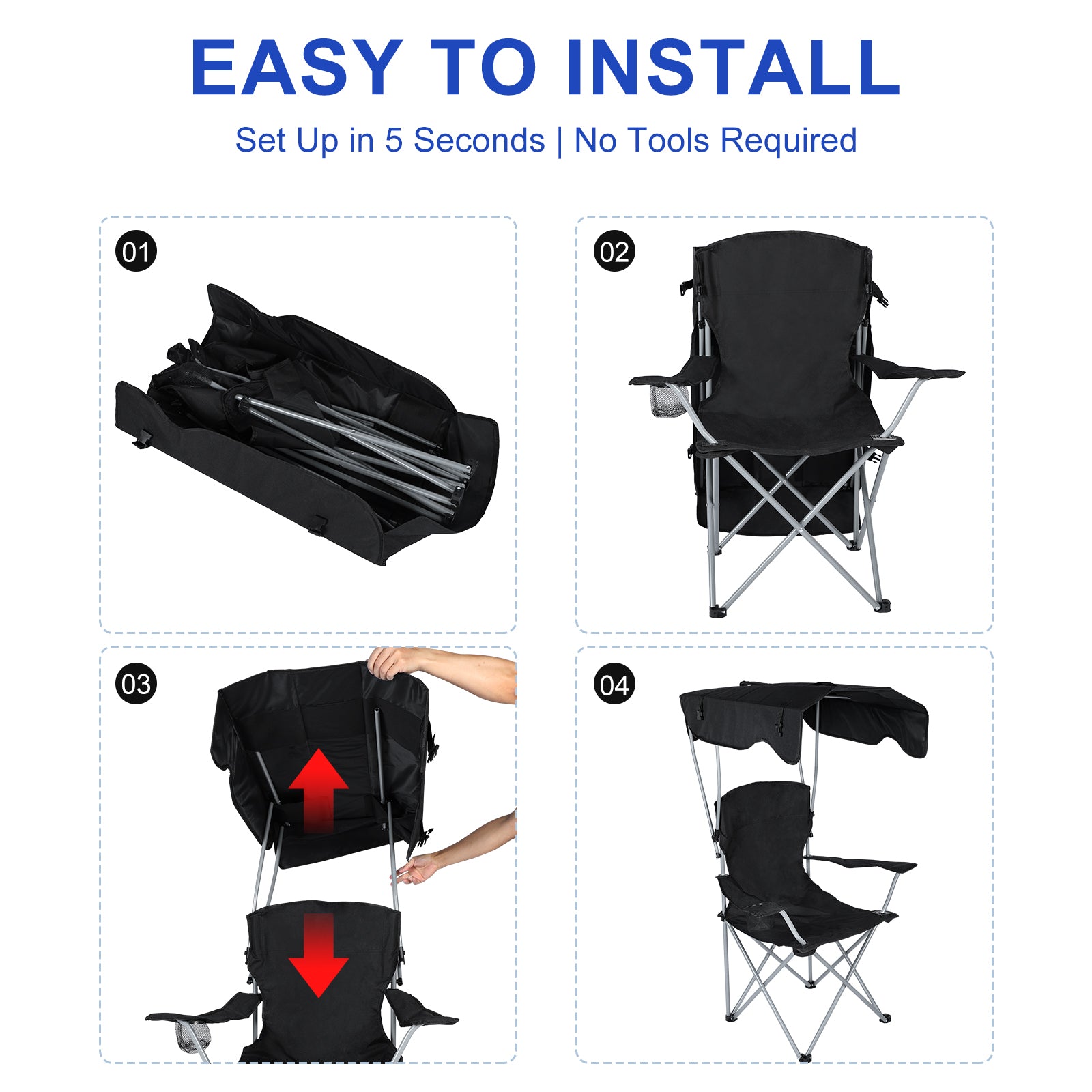 Yssoa Canopy Lounge Chair With Sunshade For Camping, Hiking, Travel, And Other Outdoor Events, With Cup Holder, 21.6" X 21.6" X 36", Black, 1 Pack Black Oxford Fabric
