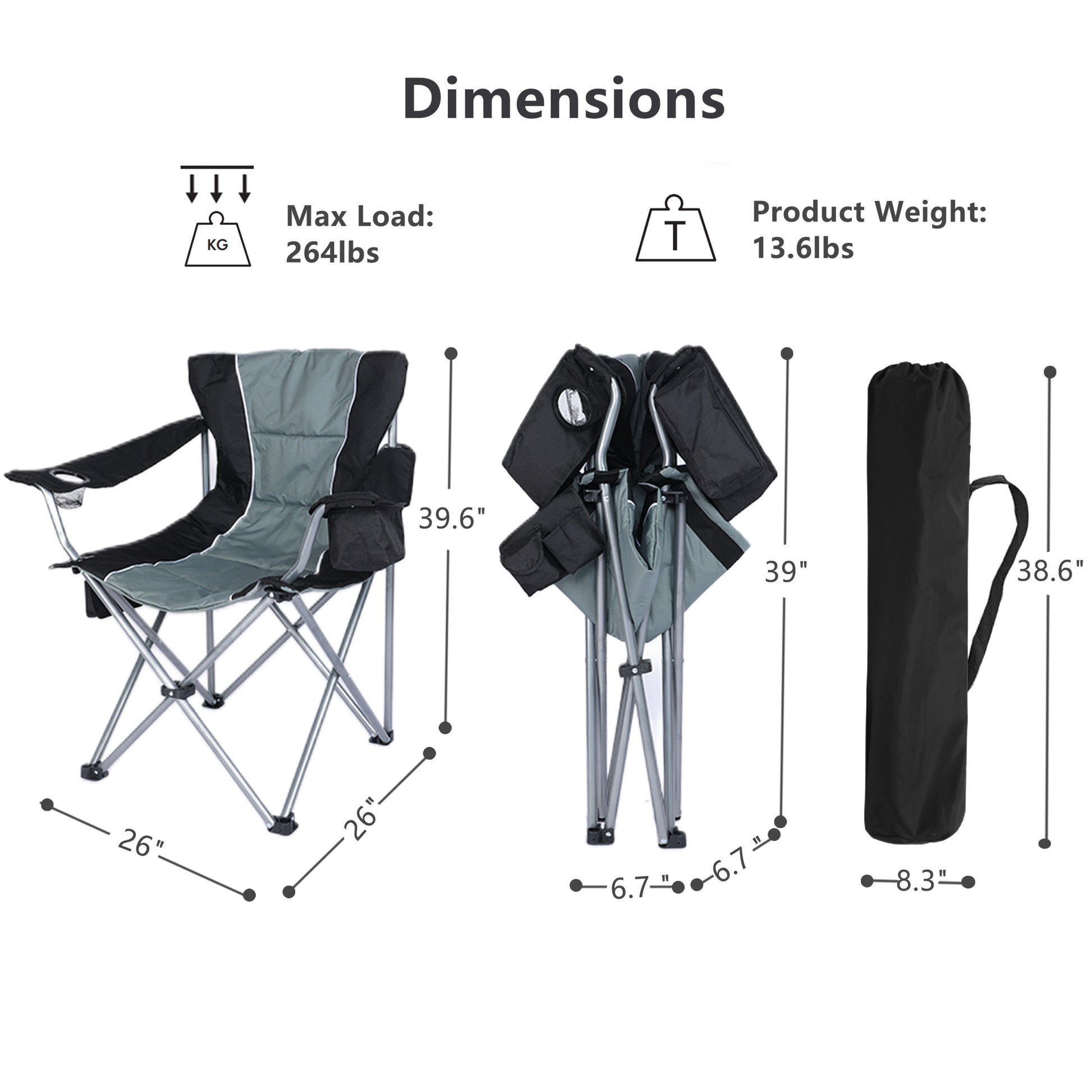 Yssoa Oversized Camping Folding Chair With Cup Holder, Side Cooler Bag, Heavy Duty Steel Frame Fully P Added Quad Armchair For Outdoors, 1 Pack, Grey Grey Oxford Fabric