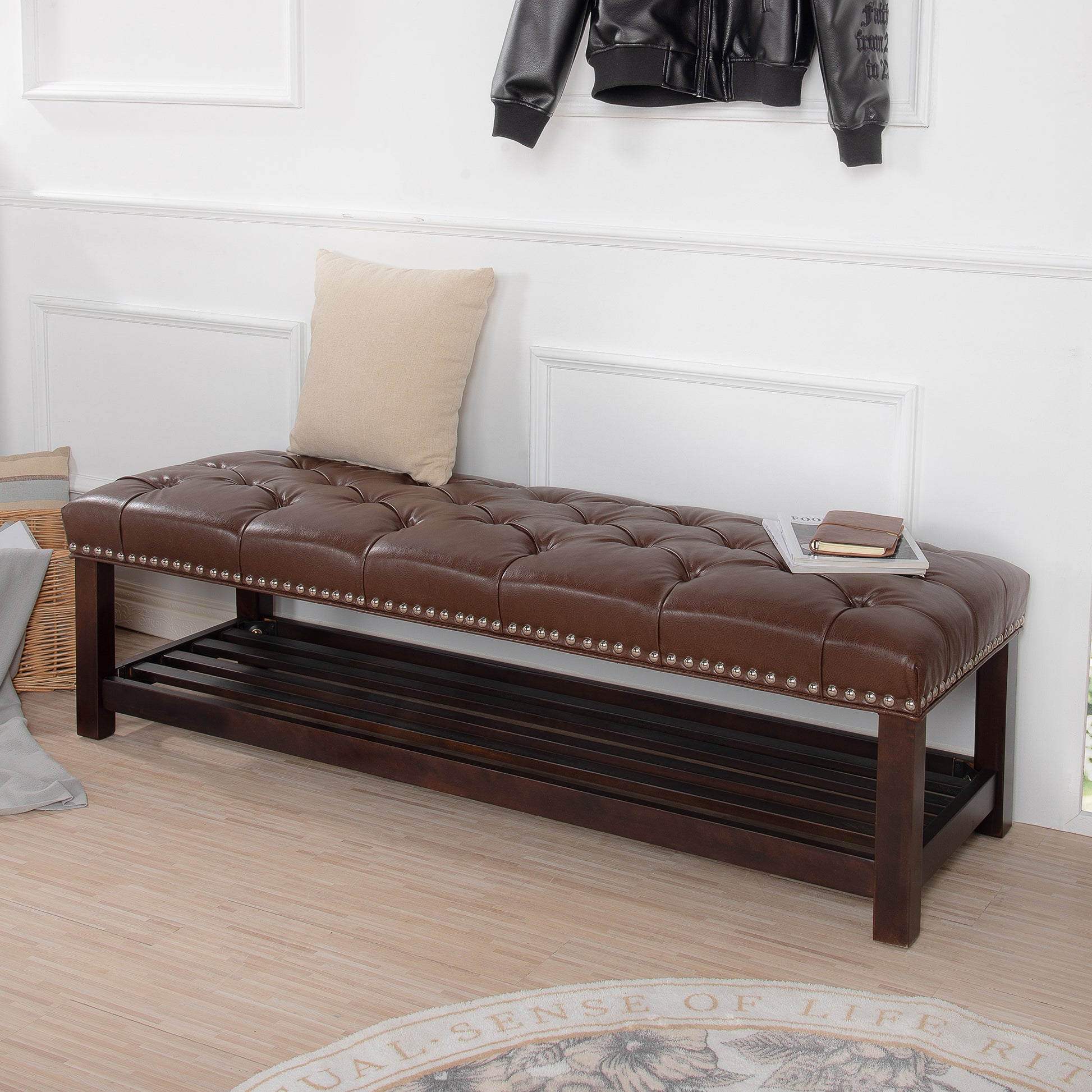 Bedroom End Of Bed Bench Tufted Upholstered End Of Bed Bench End Of Bed Entrance Shoe Bench, 60" With Trim And Shelf Bedroom Upholstered Leather Bench Living Room Shoe Rack Footstool Brown Dark Brown Pu