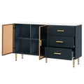 Modern Sideboard Mdf Buffet Cabinet Marble Sticker Tabletop And Amber Yellow Tempered Glass Doors With Gold Metal Legs & Handles Navy Blue Navy Blue Mdf Glass