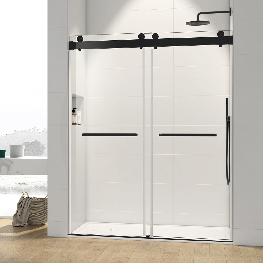 72*76" Double Sliding Frameless Shower Door Matte Black With Buffer Matte Black Glass