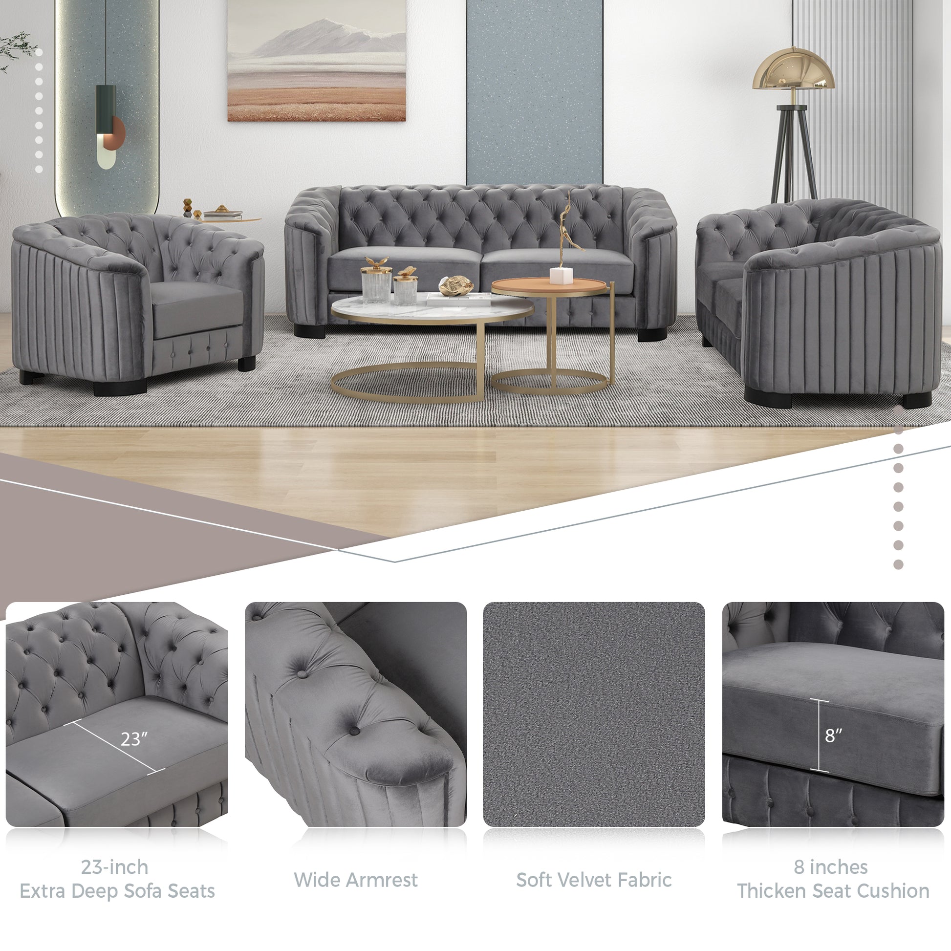 41.5" Velvet Upholstered Accent Sofa,Modern Single Sofa Chair With Thick Removable Seat Cushion,Modern Single Couch For Living Room,Bedroom,Or Small Space,Gray Gray Foam Velvet 1 Seat