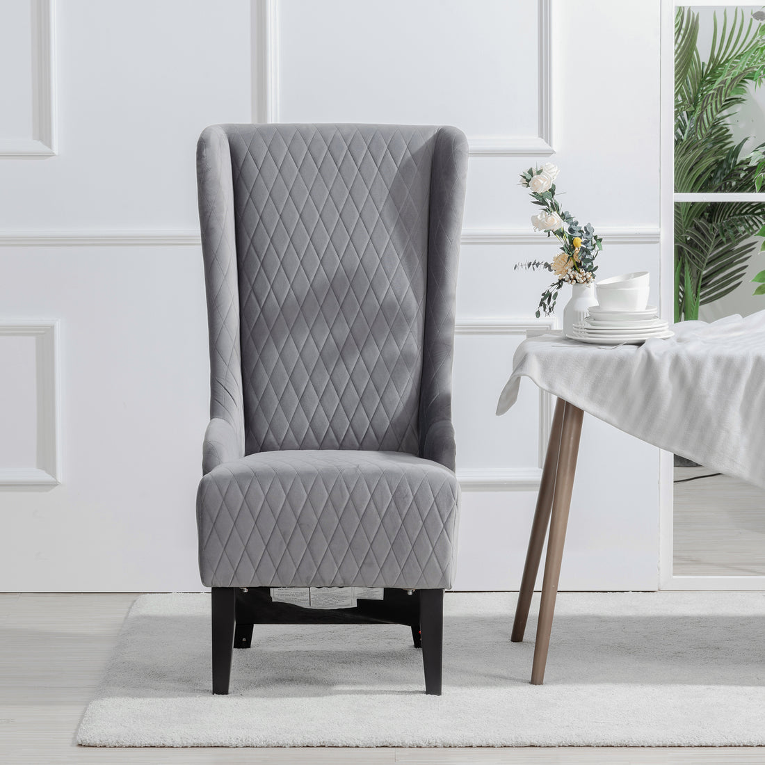 23.03" Wide High Back Velvet Accent Chair, Comfy High Wingback Chair, Living Room Chair With Soft Padded & Wooden Legs, Modern Side Chair For Living Room, Bedroom, Grey Gray Fabric