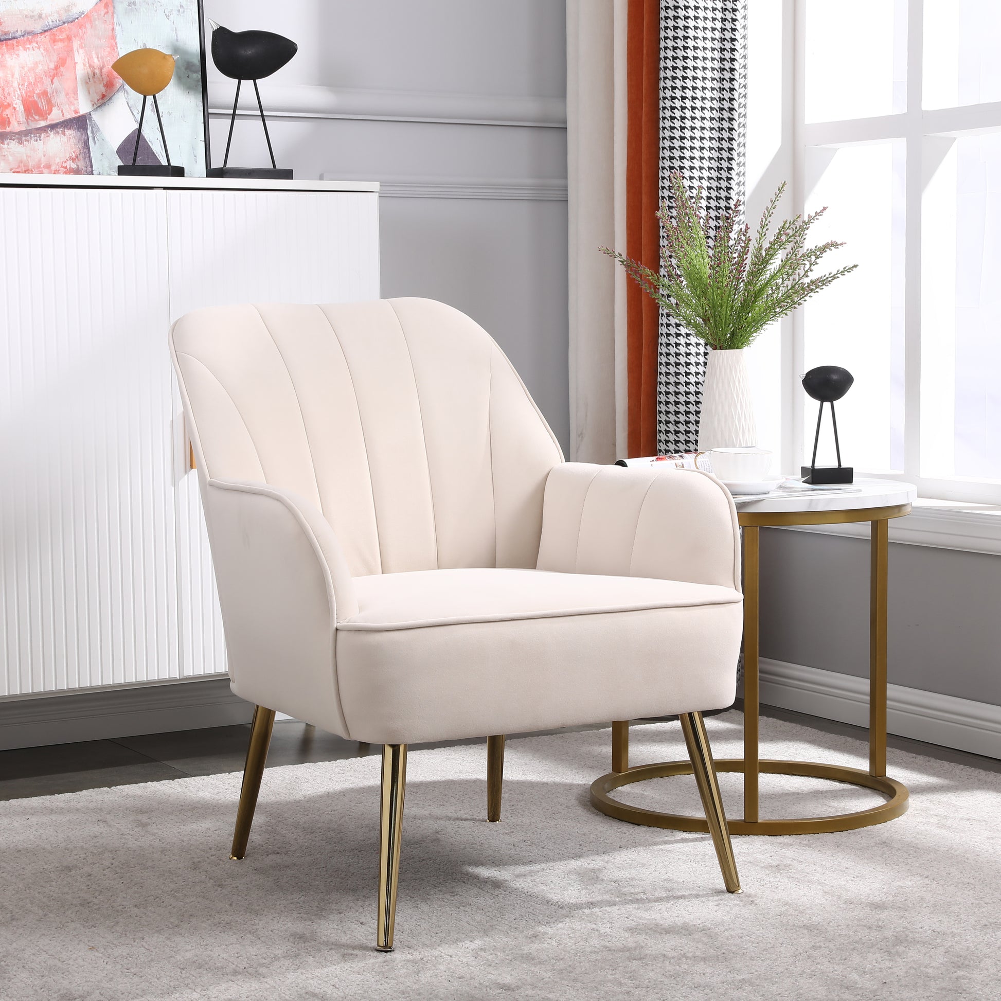 Modern Mid Century Chair Velvet Sherpa Armchair For Living Room Bedroom Office Easy Assemble Beige Beige Foam Velvet