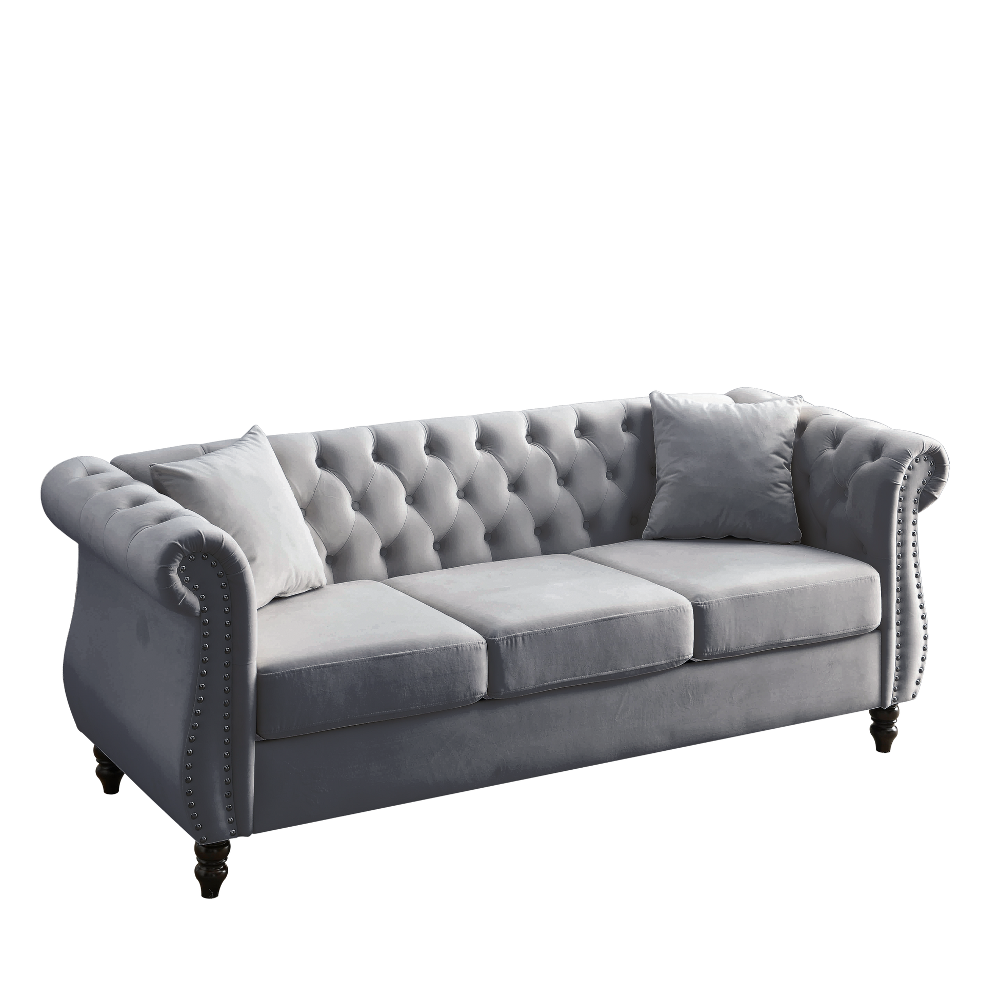 Video 80" Chesterfield Sofa Grey Velvet For Living Room, 3 Seater Sofa Tufted Couch With Rolled Arms And For Living Room, Bedroom, Office, Apartment, Two Pillowsw834S00009 Grey Foam Velvet