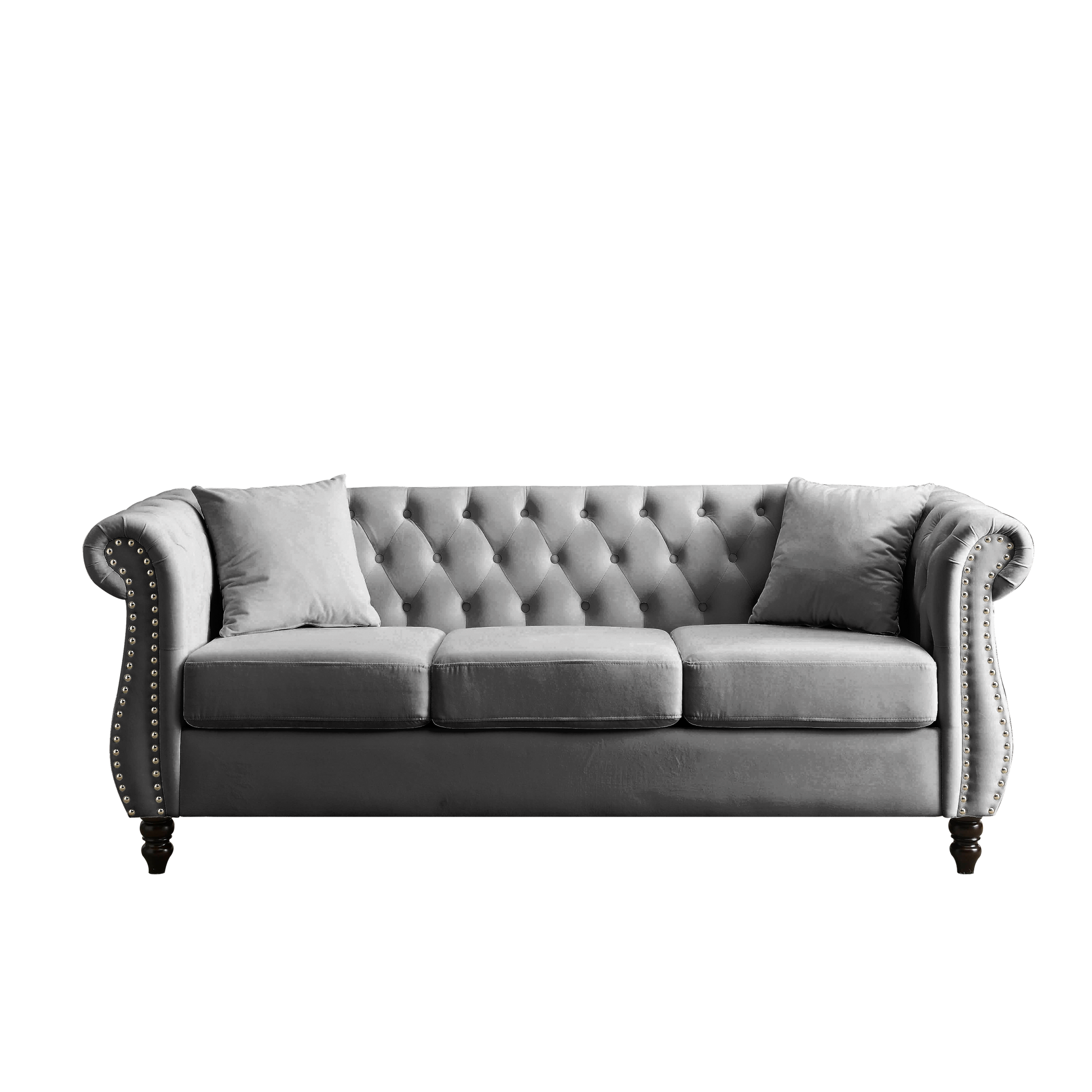Video 80" Chesterfield Sofa Grey Velvet For Living Room, 3 Seater Sofa Tufted Couch With Rolled Arms And For Living Room, Bedroom, Office, Apartment, Two Pillowsw834S00009 Grey Foam Velvet