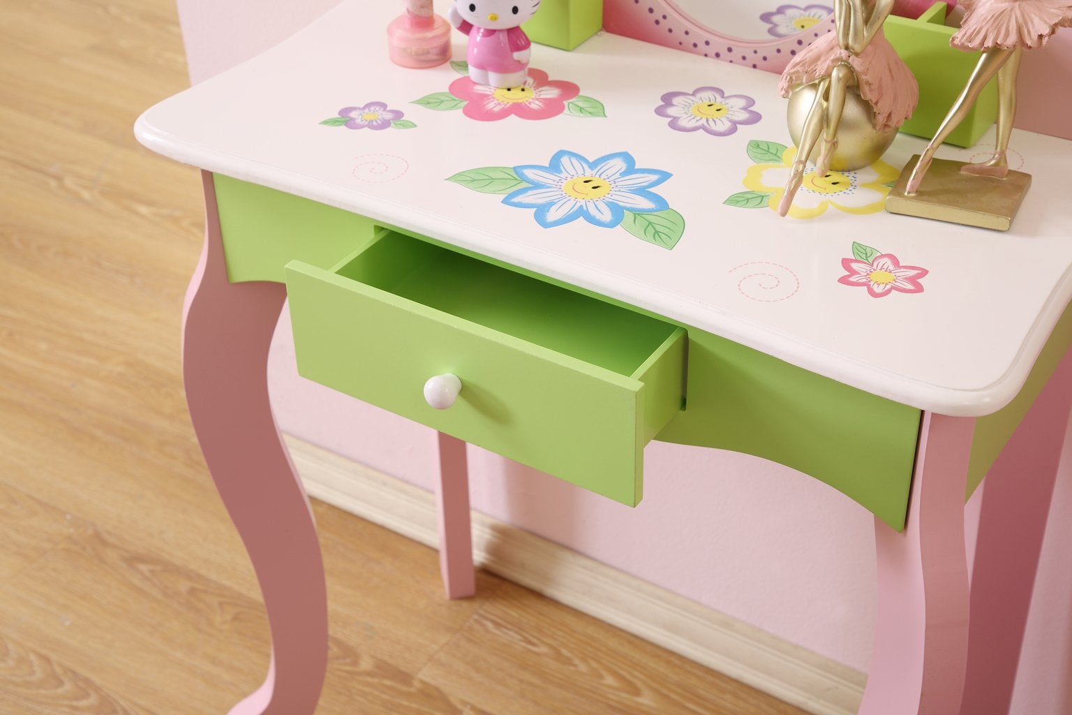 Layla Girls Flower Vanity Set With Stool Green Mdf