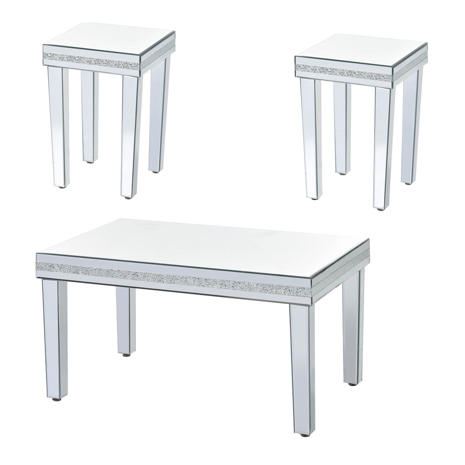 Fashionable Modern Glass Mirrored Coffee Table Set Of 3, Easy Assembly Crystal Design Cocktail Table With 2 End Tables For Apartment Home Office, Silver Silver Glass