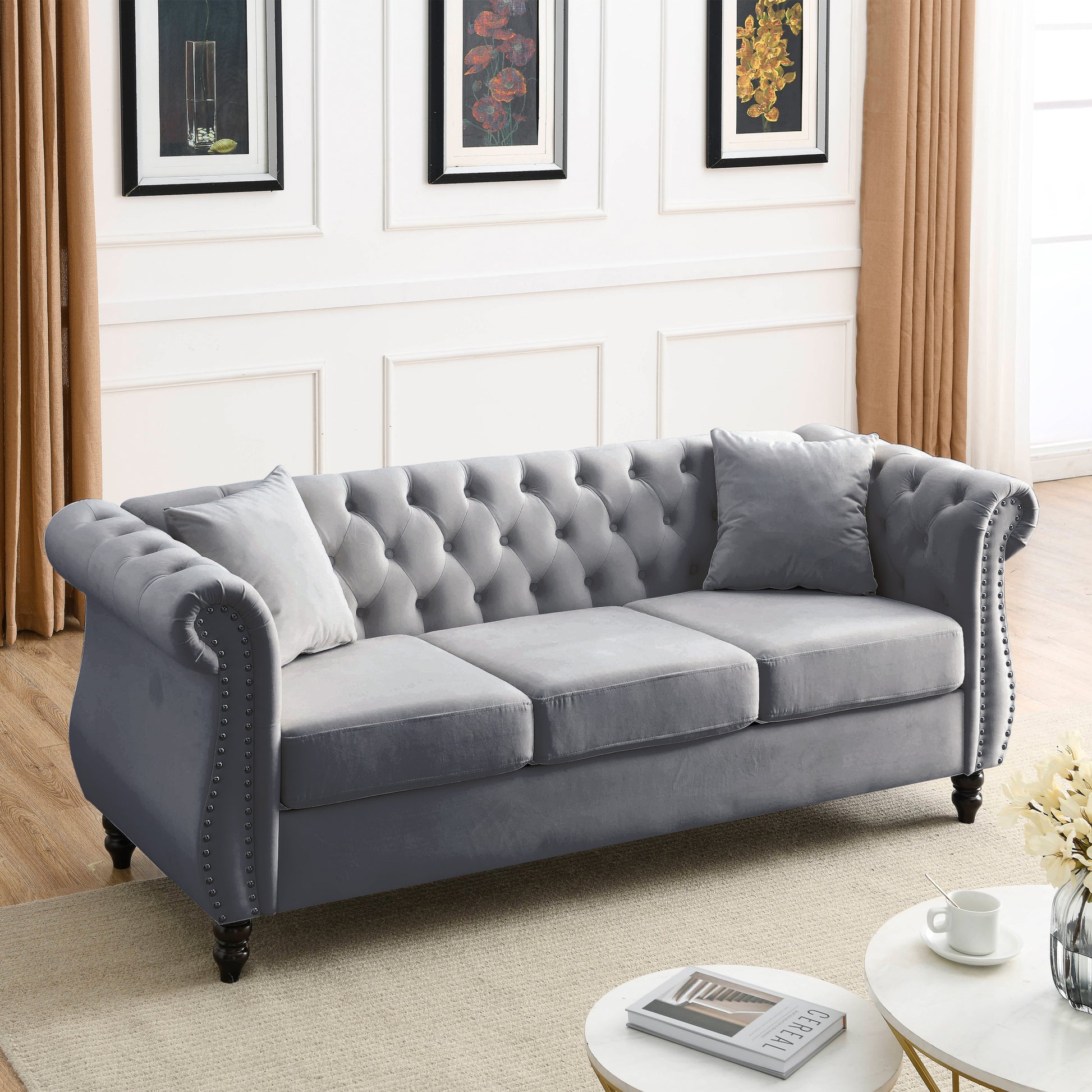Video 80" Chesterfield Sofa Grey Velvet For Living Room, 3 Seater Sofa Tufted Couch With Rolled Arms And For Living Room, Bedroom, Office, Apartment, Two Pillowsw834S00009 Grey Foam Velvet
