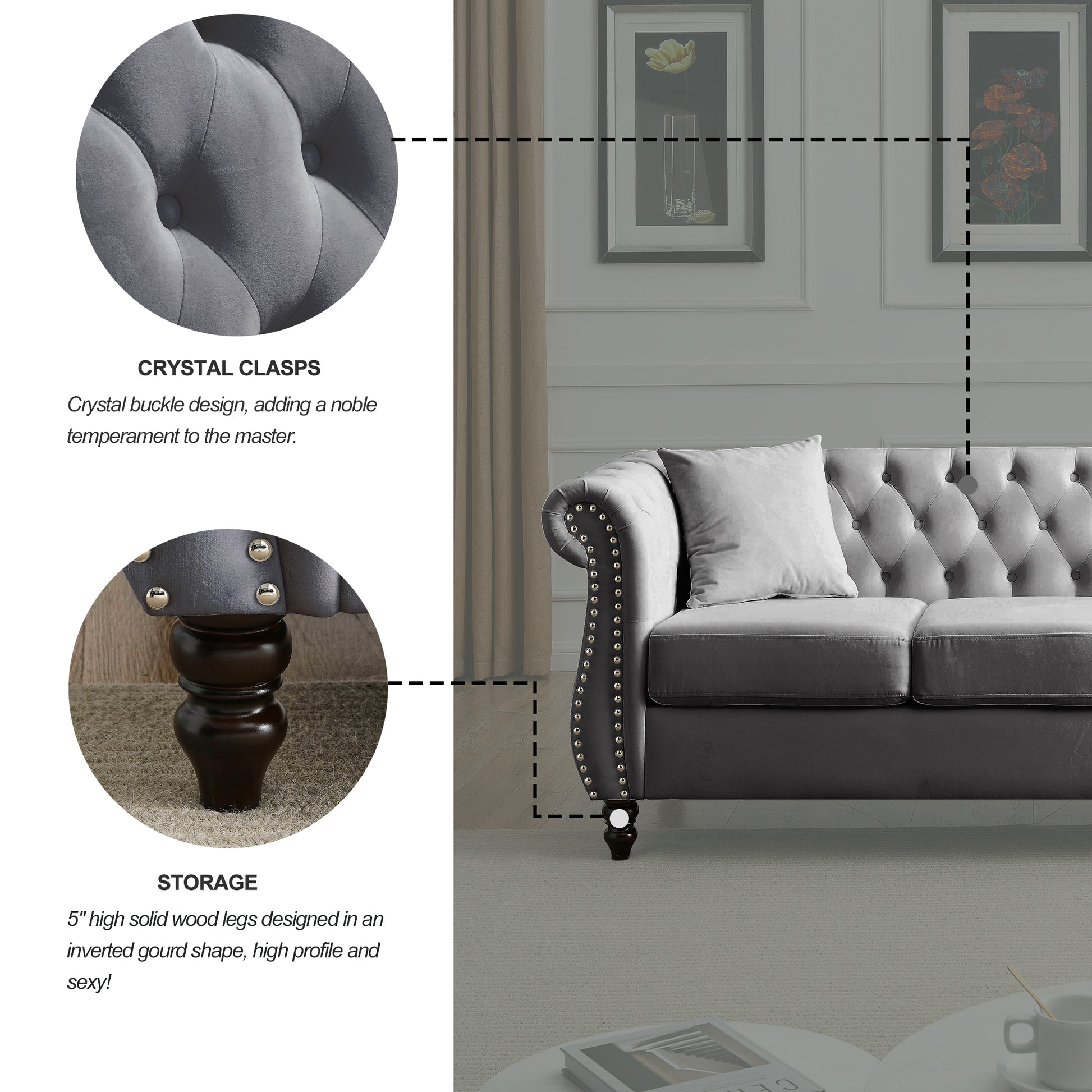 Video 80" Chesterfield Sofa Grey Velvet For Living Room, 3 Seater Sofa Tufted Couch With Rolled Arms And For Living Room, Bedroom, Office, Apartment, Two Pillowsw834S00009 Grey Foam Velvet