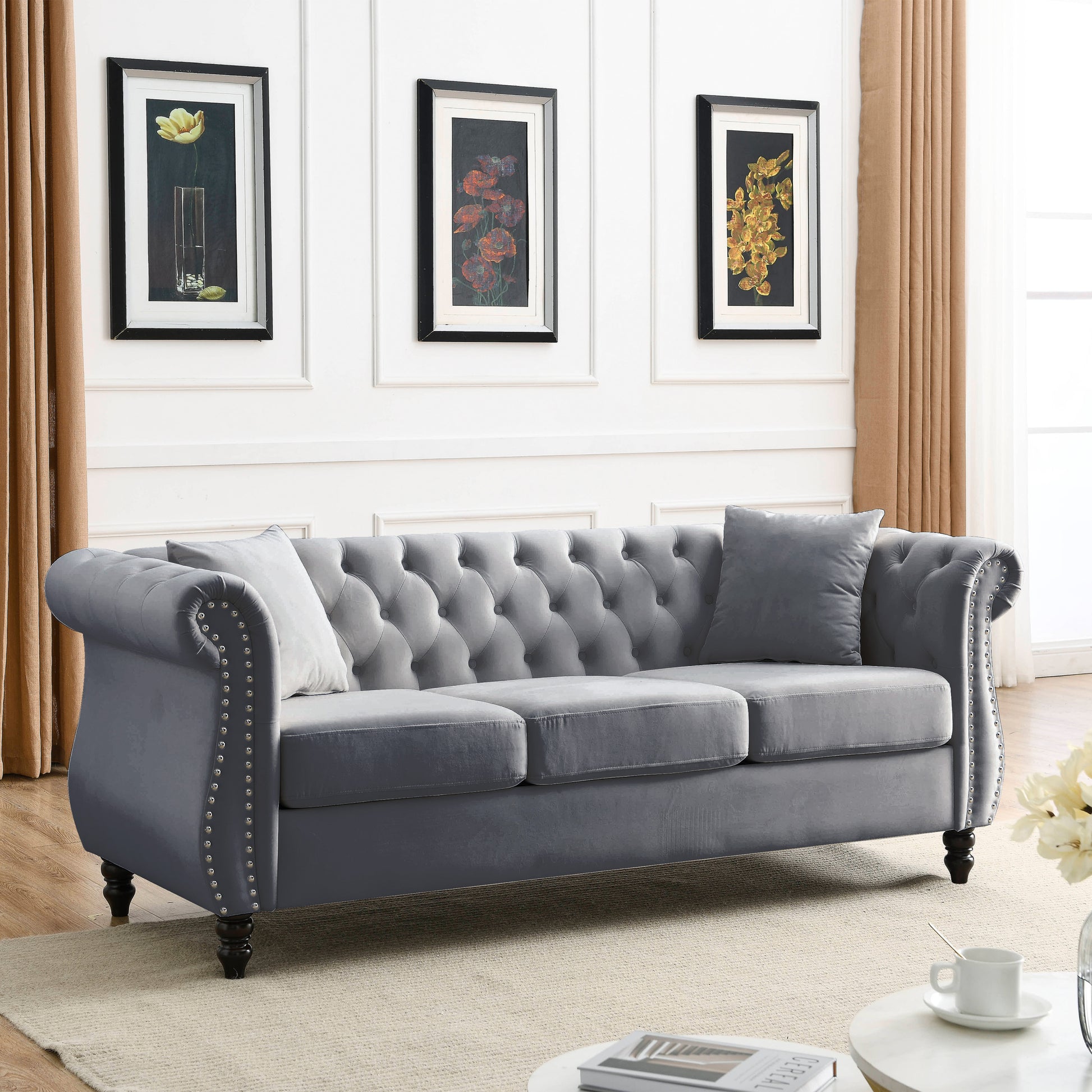 Video 80" Chesterfield Sofa Grey Velvet For Living Room, 3 Seater Sofa Tufted Couch With Rolled Arms And For Living Room, Bedroom, Office, Apartment, Two Pillowsw834S00009 Grey Foam Velvet