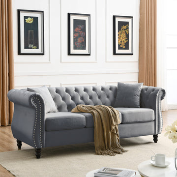 Video 80" Chesterfield Sofa Grey Velvet For Living Room, 3 Seater Sofa Tufted Couch With Rolled Arms And For Living Room, Bedroom, Office, Apartment, Two Pillowsw834S00009 Grey Foam Velvet