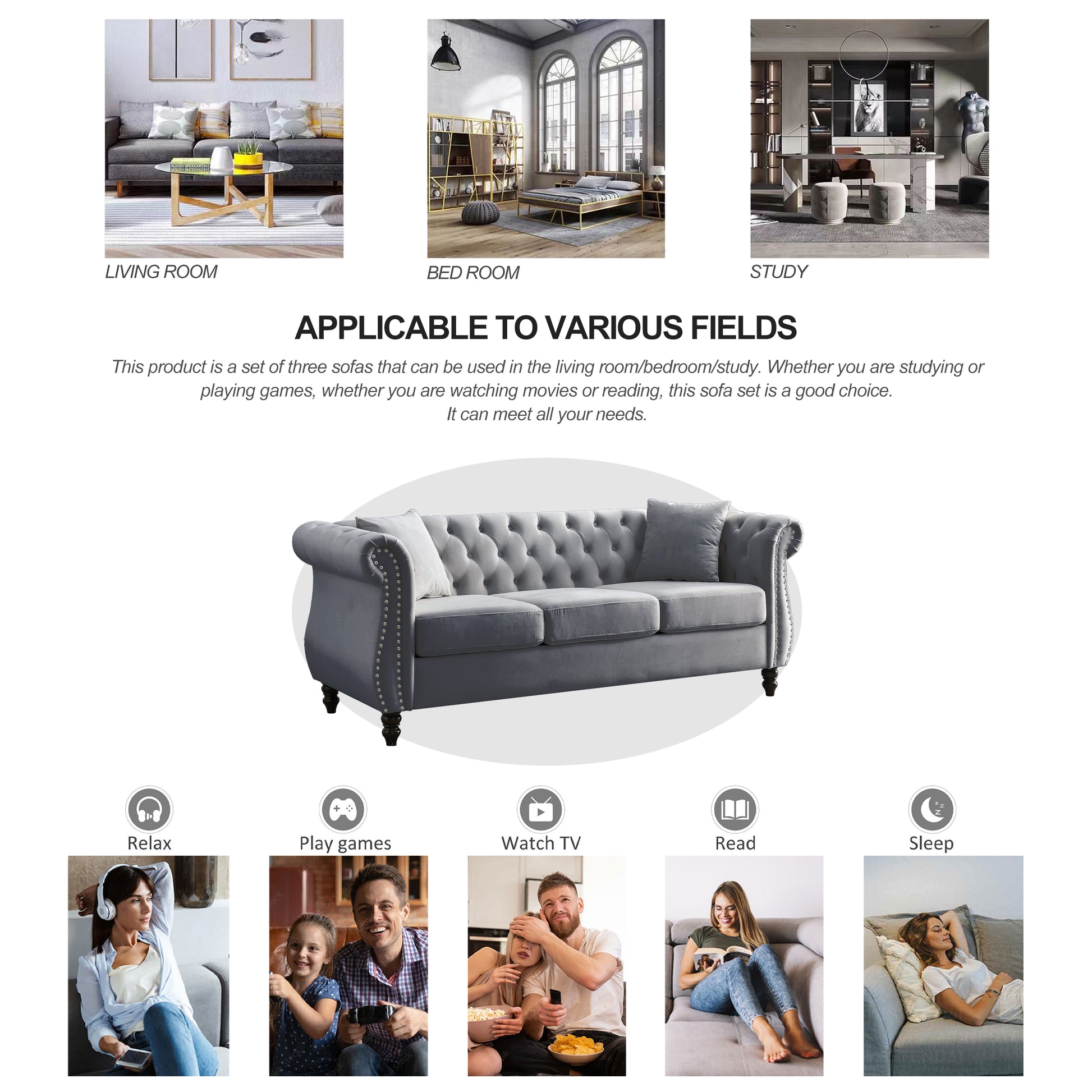 Video 80" Chesterfield Sofa Grey Velvet For Living Room, 3 Seater Sofa Tufted Couch With Rolled Arms And For Living Room, Bedroom, Office, Apartment, Two Pillowsw834S00009 Grey Foam Velvet