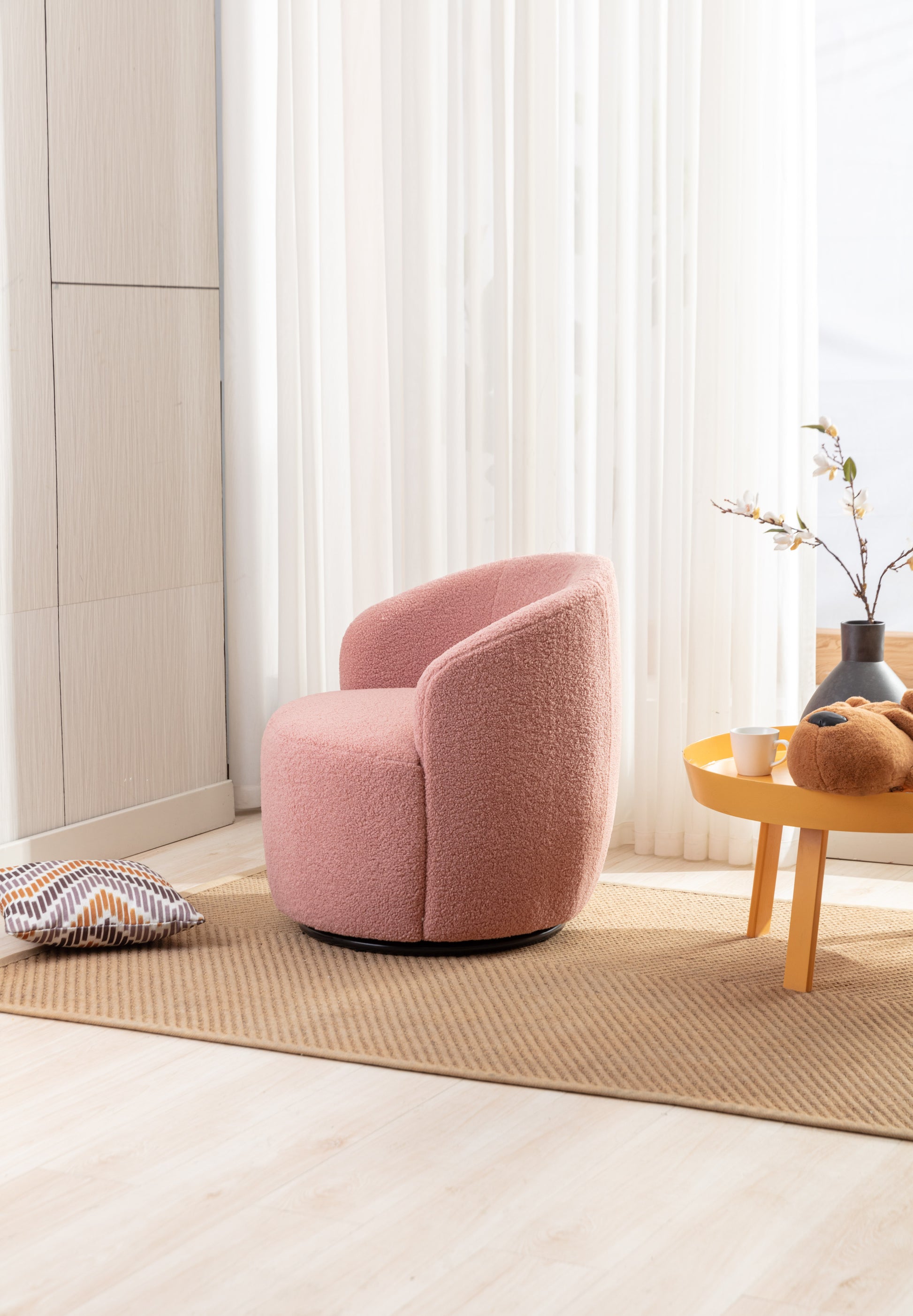 Teddy Fabric Swivel Accent Armchair Barrel Chair With Black Powder Coating Metal Ring,Light Pink Light Pink,Light Pink Foam,Foam Wool,Wool