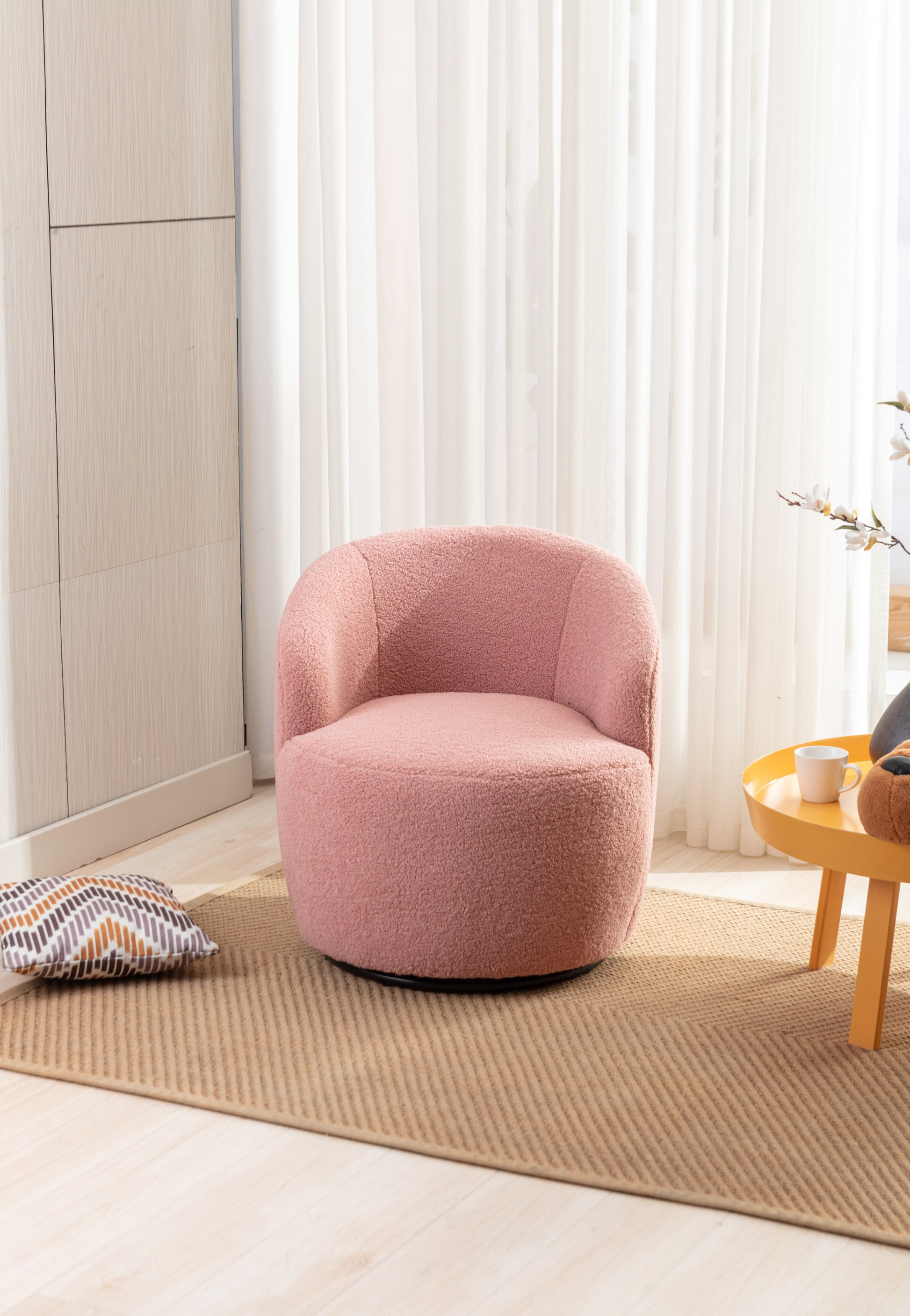 Teddy Fabric Swivel Accent Armchair Barrel Chair With Black Powder Coating Metal Ring,Light Pink Light Pink,Light Pink Foam,Foam Wool,Wool
