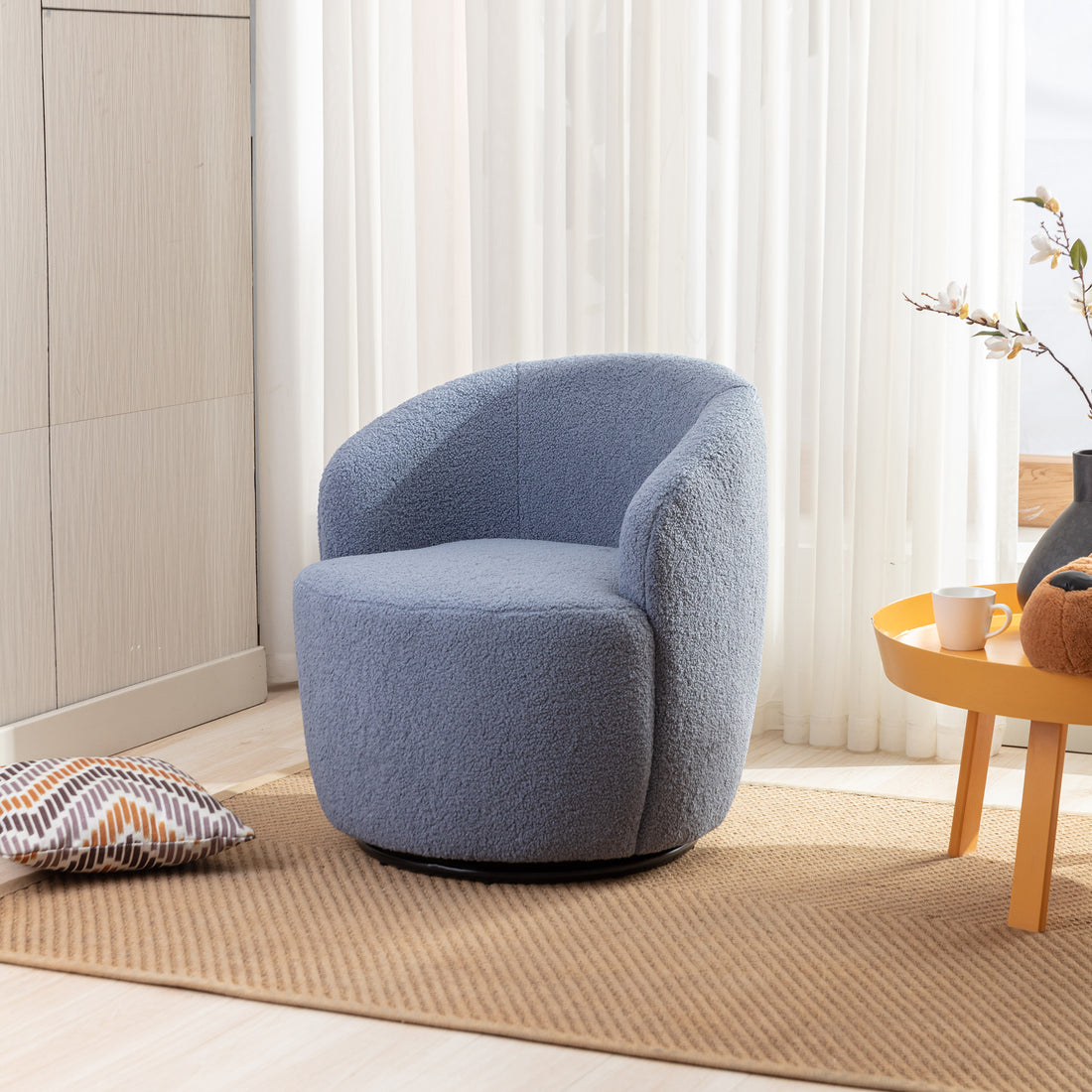 Teddy Fabric Swivel Accent Armchair Barrel Chair With Black Powder Coating Metal Ring,Light Blue Light Blue Foam Wool