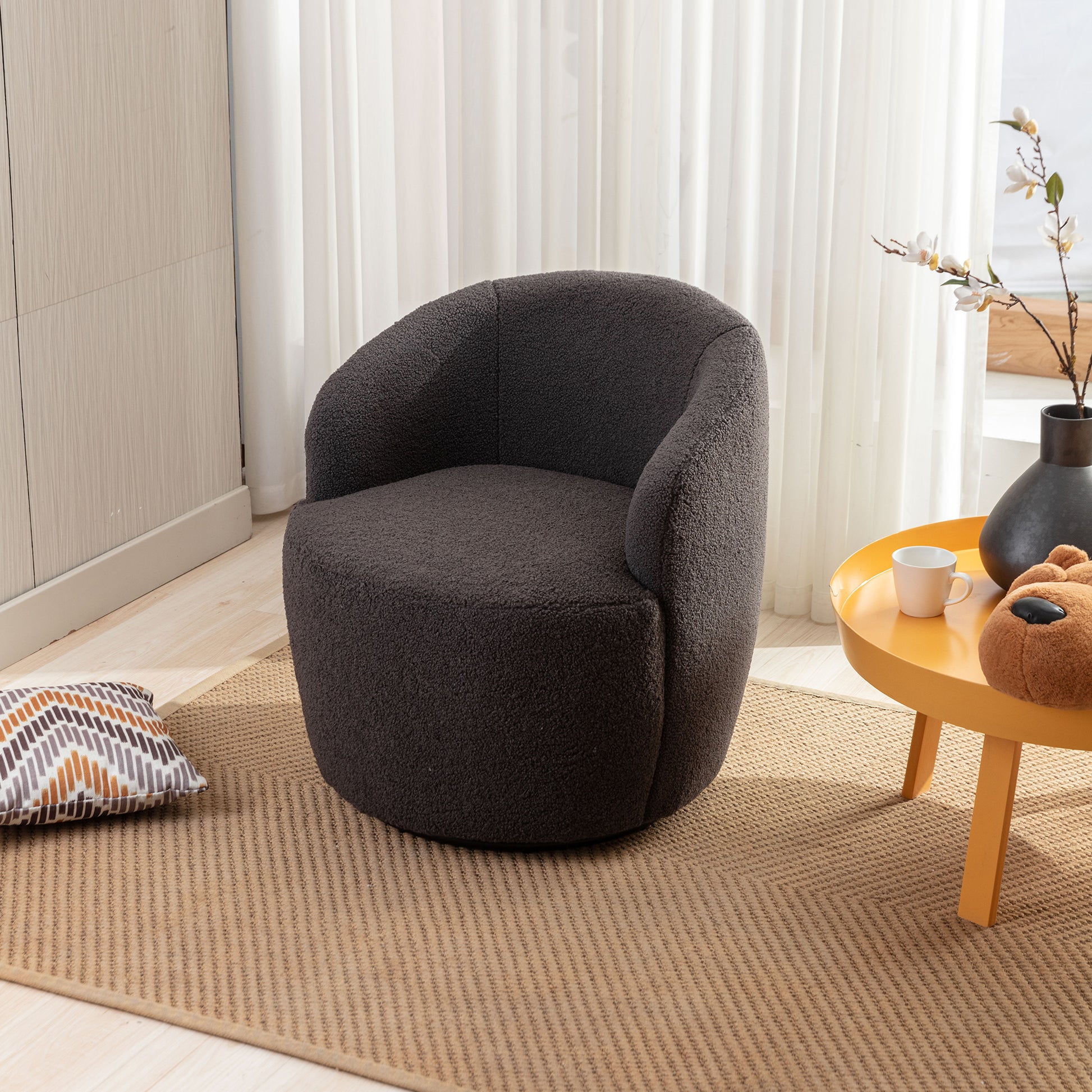 Teddy Fabric Swivel Accent Armchair Barrel Chair With Black Powder Coating Metal Ring,Dark Gray Dark Gray Foam Wool