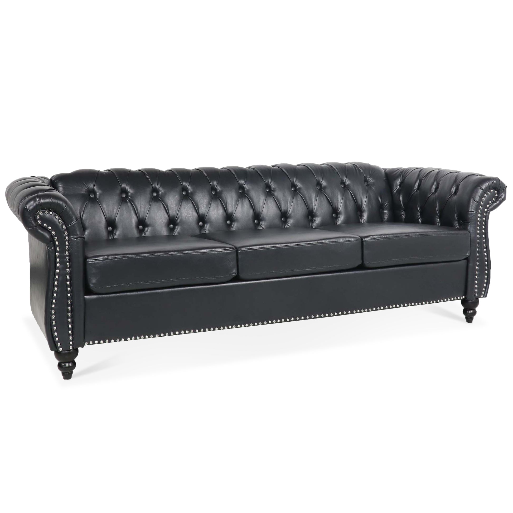 84.65" Black Pu Rolled Arm Chesterfield Three Seater Sofa. Black Foam Pu