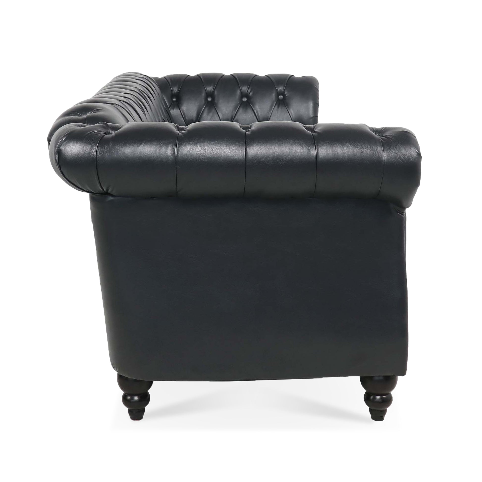 84.65" Black Pu Rolled Arm Chesterfield Three Seater Sofa. Black Foam Pu