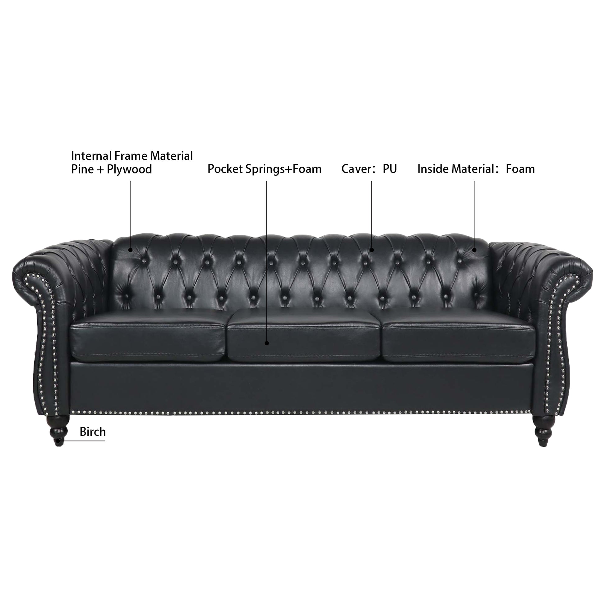 84.65" Black Pu Rolled Arm Chesterfield Three Seater Sofa. Black Foam Pu