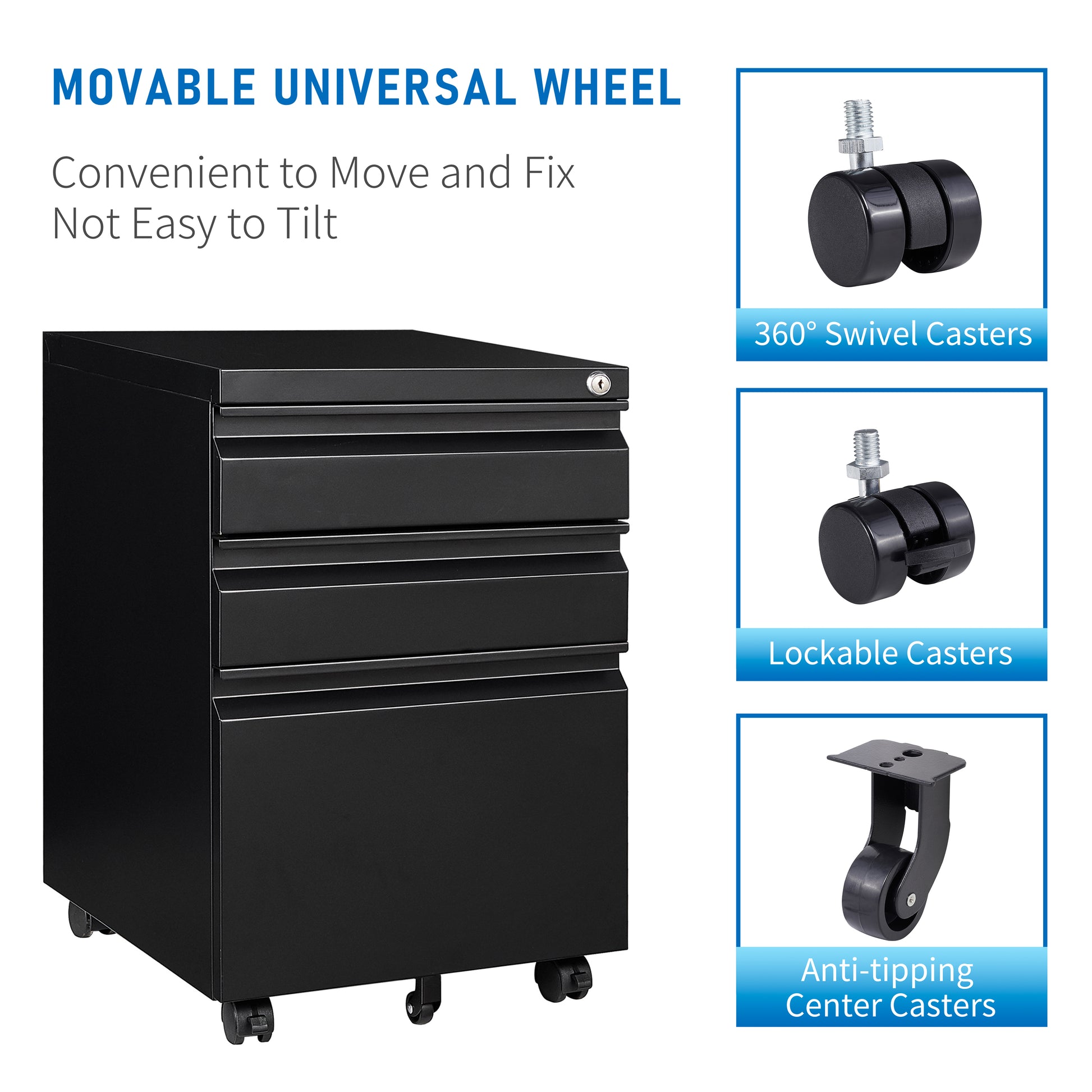 3 Drawer File Cabinet With Lock, Steel Mobile Filing Cabinet On Anti Tilt Wheels, Rolling Locking Office Cabinets Under Desk For Legal Letter Size Black Metal