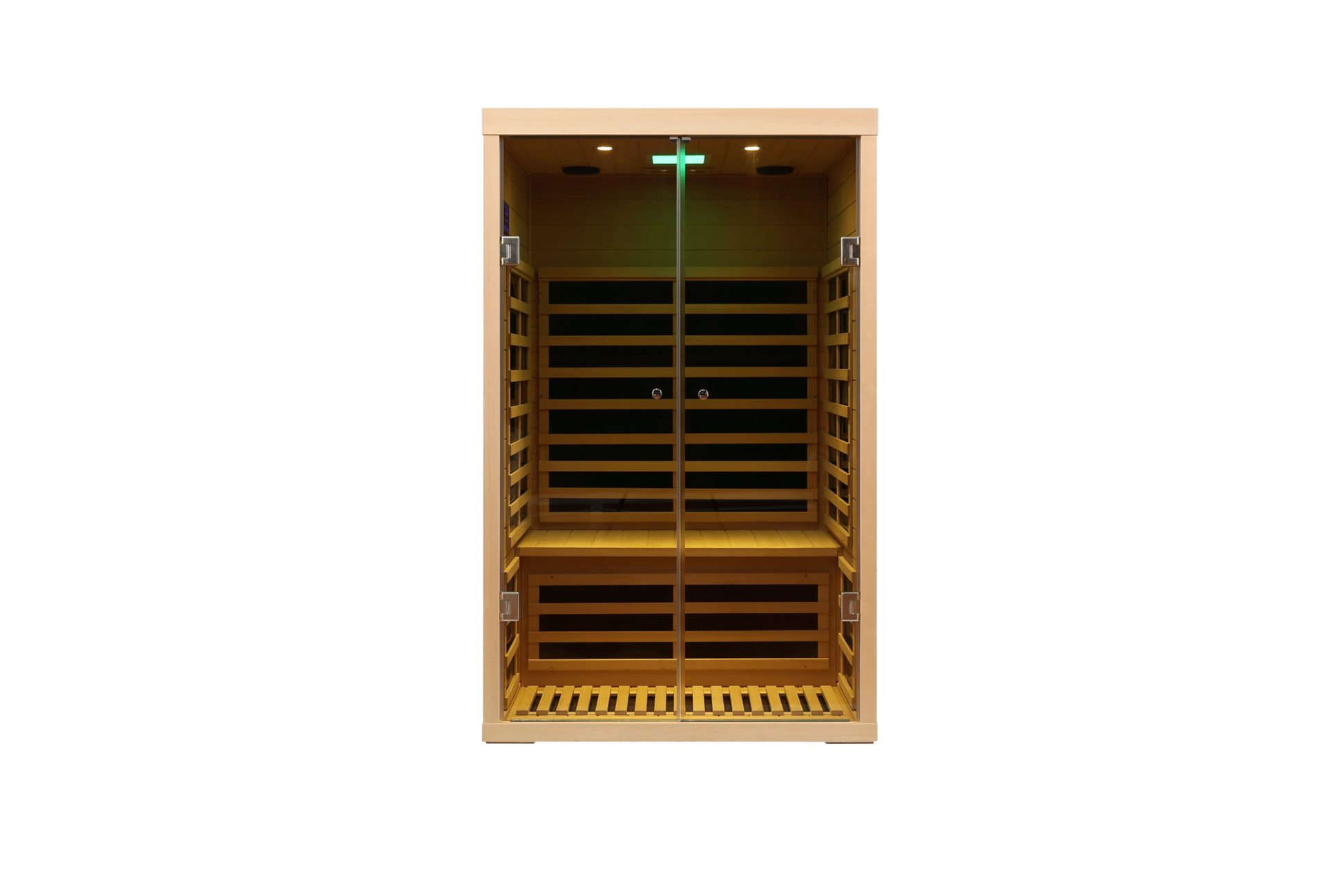 Two Person Wide Space Hemlock Double Doors Great Glass Luxury Indoor Natural Metal & Wood