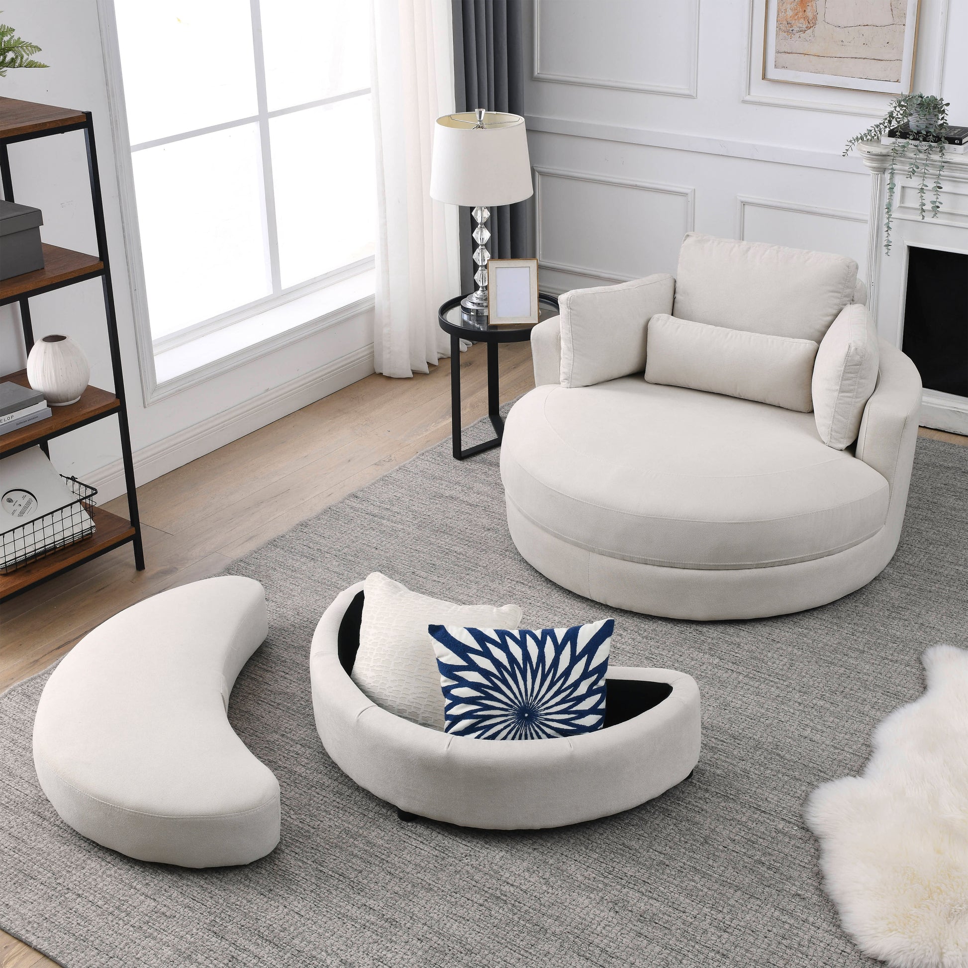 Video Welike Swivel Accent Barrel Modern Sofa Lounge Club Big Round Chair With Storage Ottoman Linen Fabric For Living Room Hotel With Pillows Beige Foam Fabric