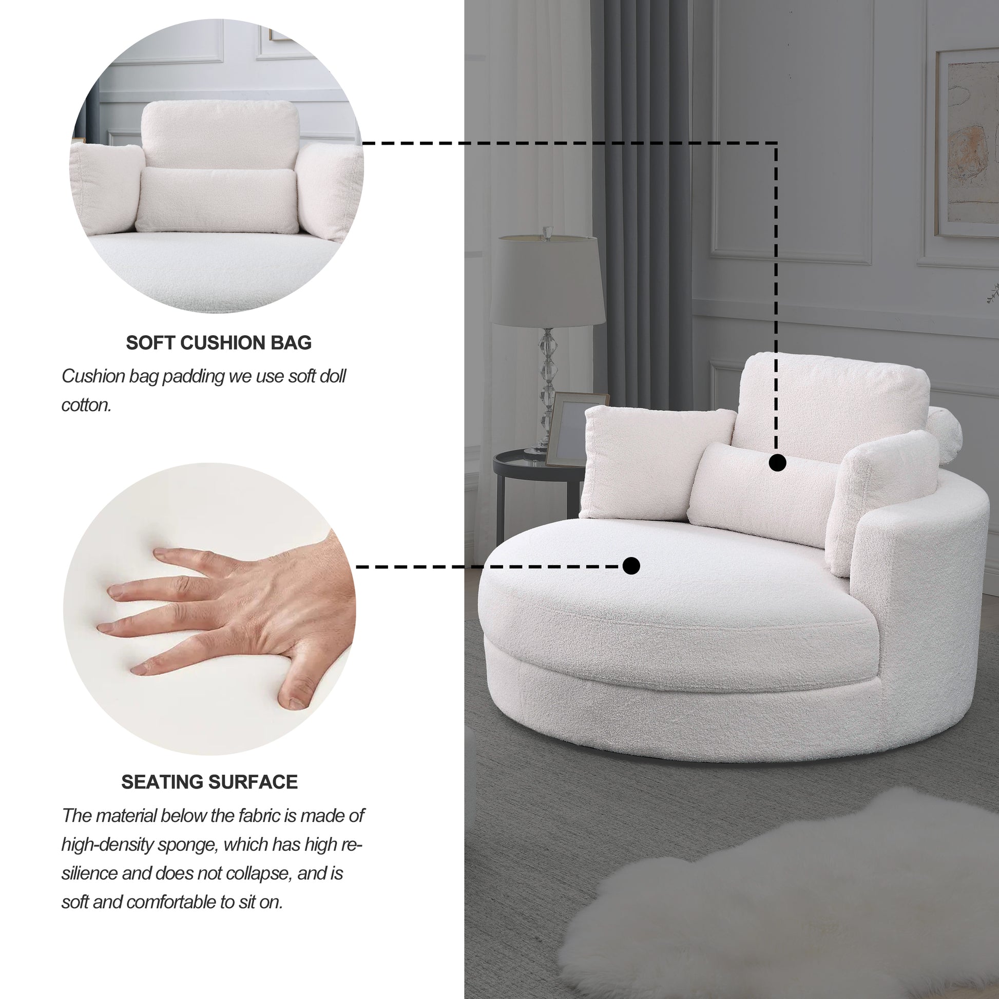 Video Welike Swivel Accent Barrel Modern Sofa Lounge Club Big Round Chair With Storage Ottoman Linen Fabric For Living Room Hotel With Pillows,Teddy White Ivory Ivory Foam Fabric 1 Seat