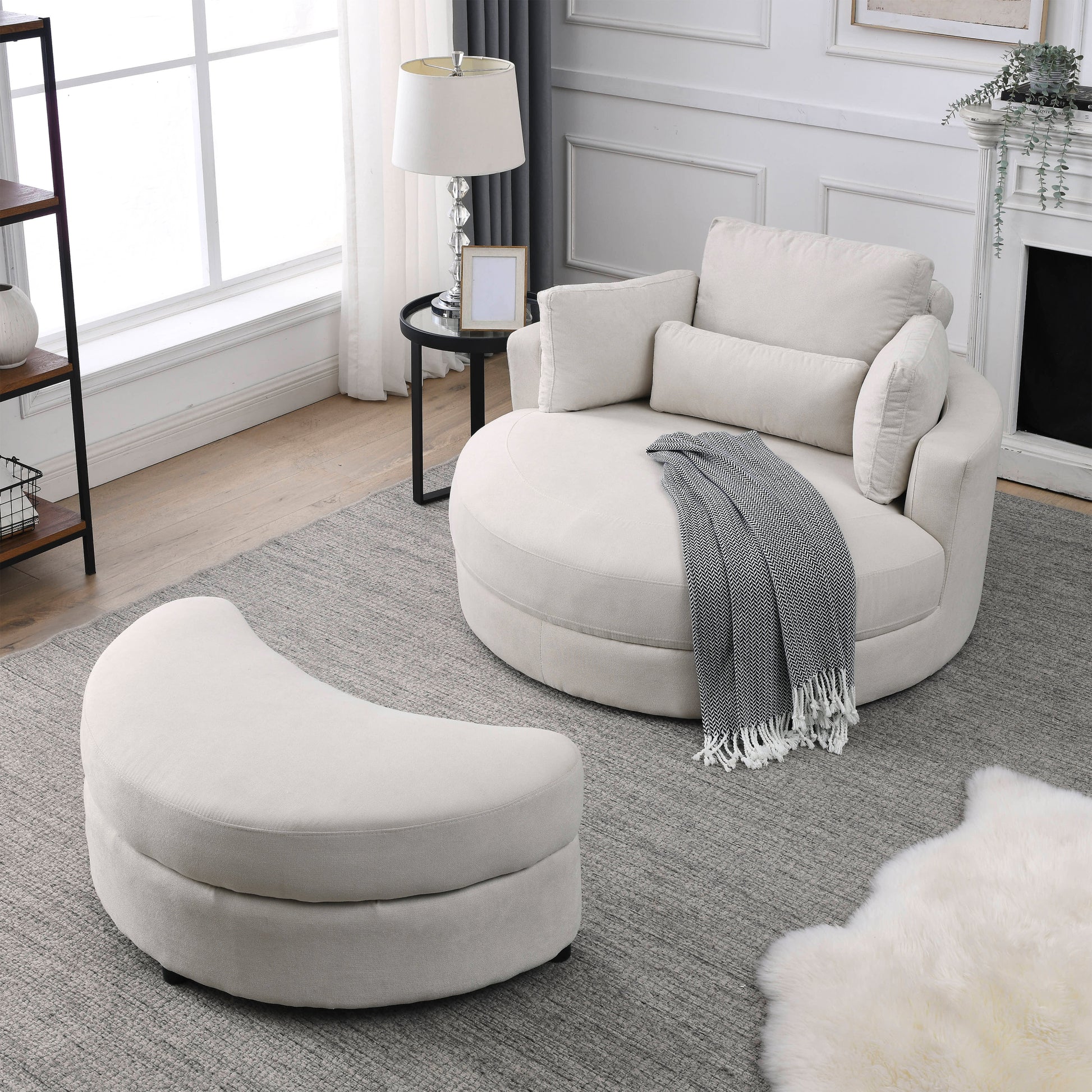 Video Welike Swivel Accent Barrel Modern Sofa Lounge Club Big Round Chair With Storage Ottoman Linen Fabric For Living Room Hotel With Pillows Beige Foam Fabric