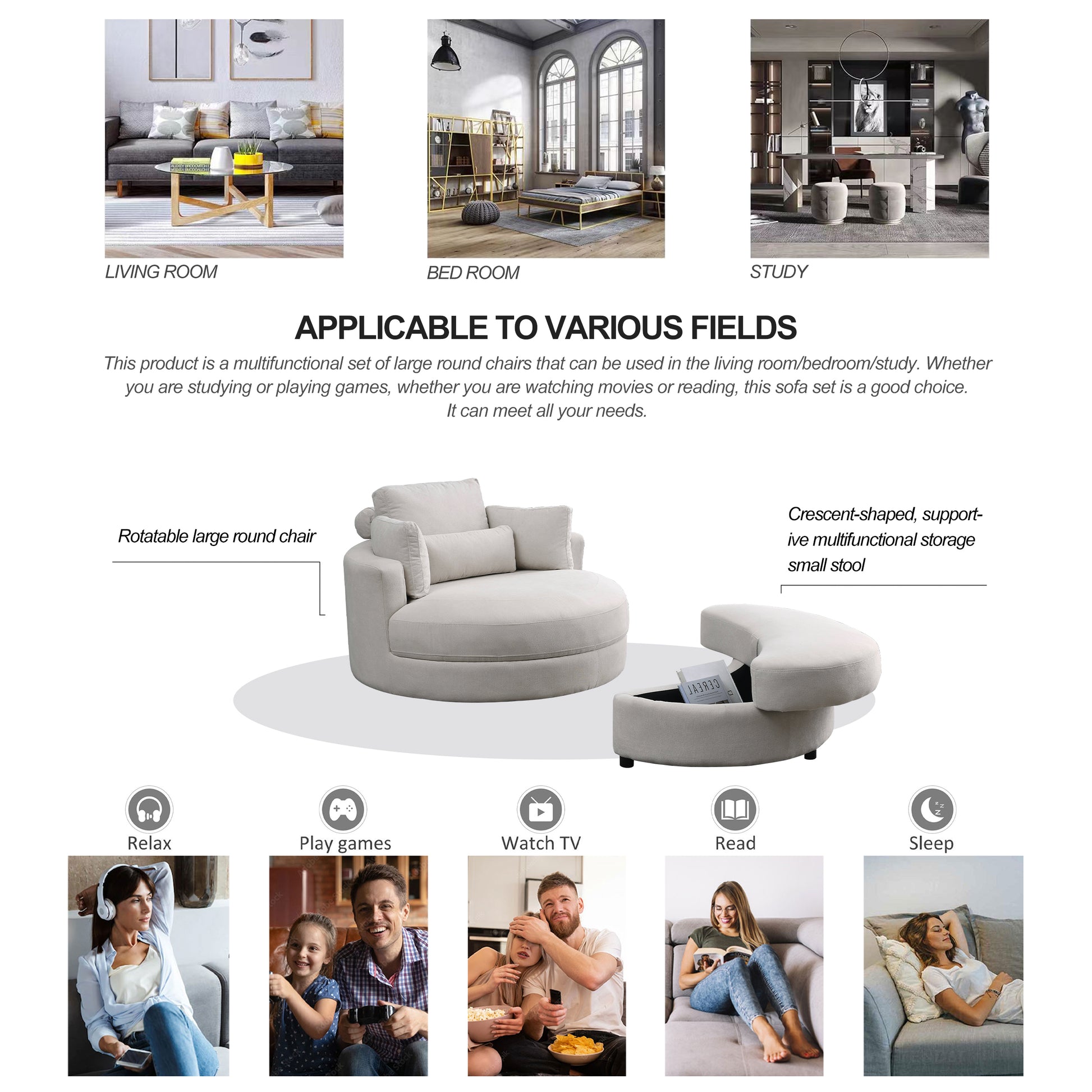 Video Welike Swivel Accent Barrel Modern Sofa Lounge Club Big Round Chair With Storage Ottoman Linen Fabric For Living Room Hotel With Pillows Beige Foam Fabric