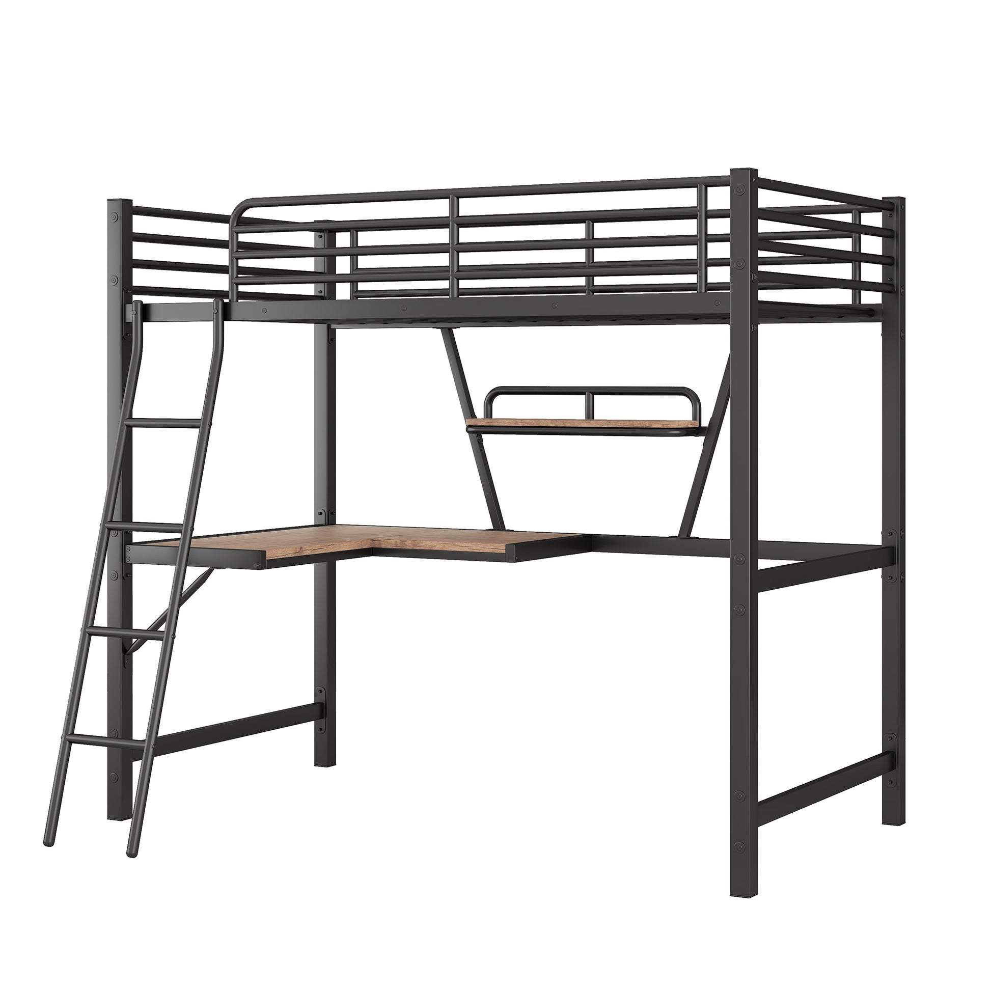 Twin Size Loft Metal&Mdf Bed With Desk And Shelf, Black Old Sku:Sm001105Aab 1 Twin Black Metal