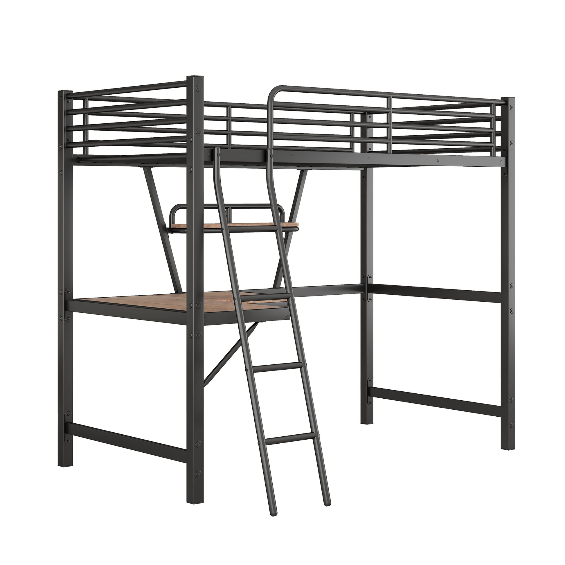 Twin Size Loft Metal&Mdf Bed With Desk And Shelf, Black Old Sku:Sm001105Aab 1 Twin Black Metal