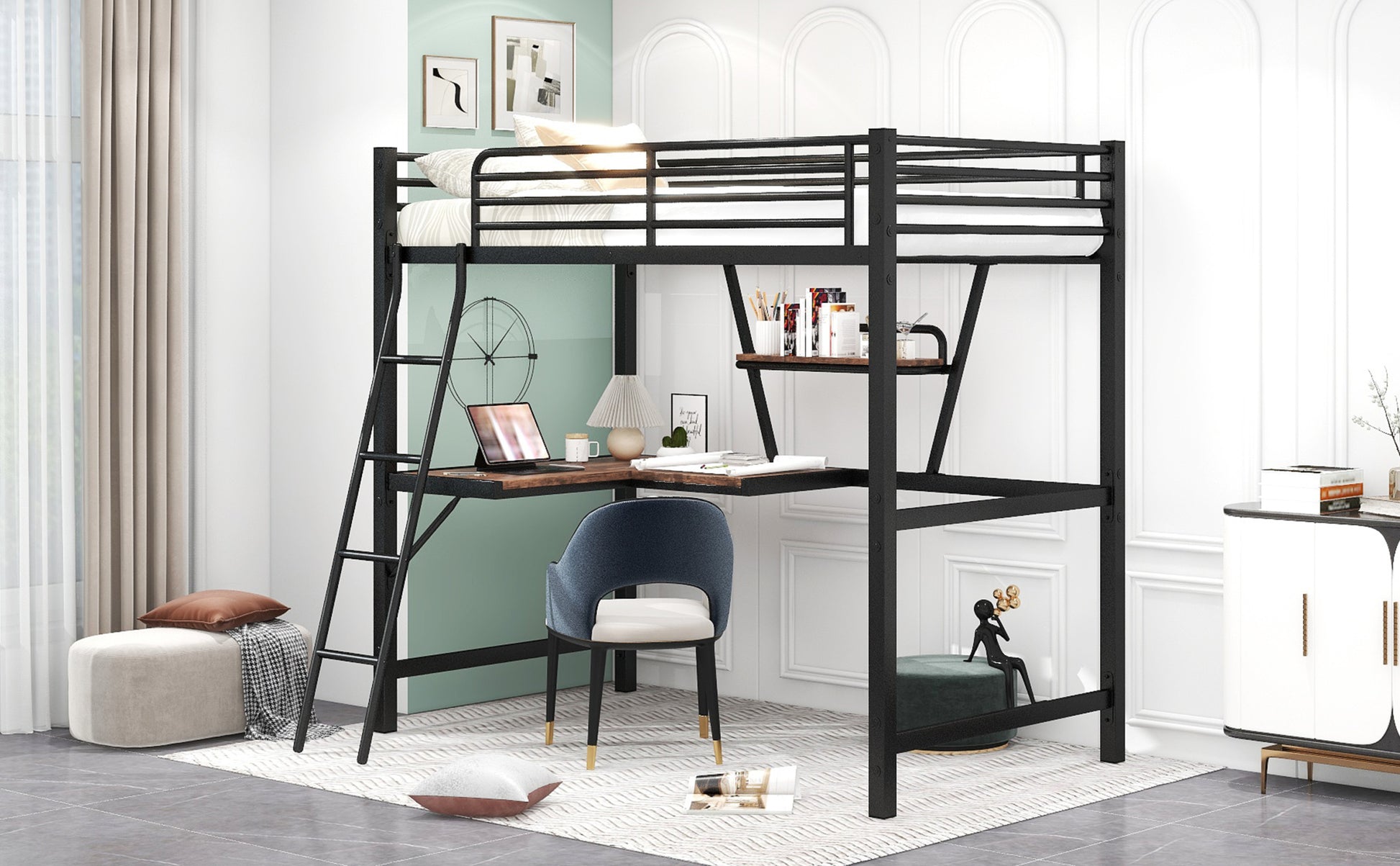 Twin Size Loft Metal&Mdf Bed With Desk And Shelf, Black Old Sku:Sm001105Aab 1 Twin Black Metal