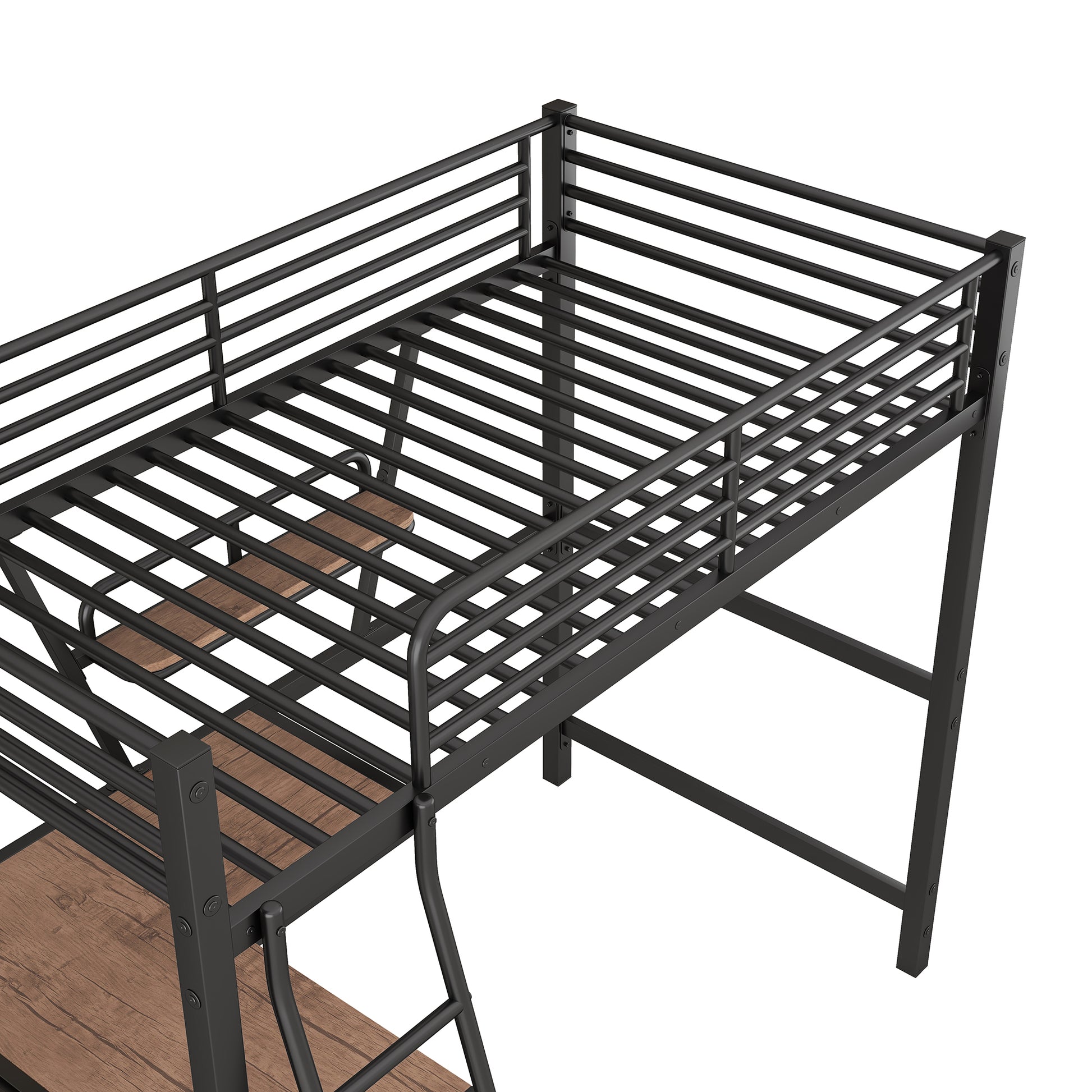 Twin Size Loft Metal&Mdf Bed With Desk And Shelf, Black Old Sku:Sm001105Aab 1 Twin Black Metal