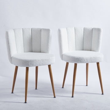 Modern White Dining Chair Set Of 2 With Iron Tube Wood Color Legs, Shorthair Cushions And Comfortable Backrest, Suitable For Dining Room, Living Room, Cafe, Simple Structure. White Fabric