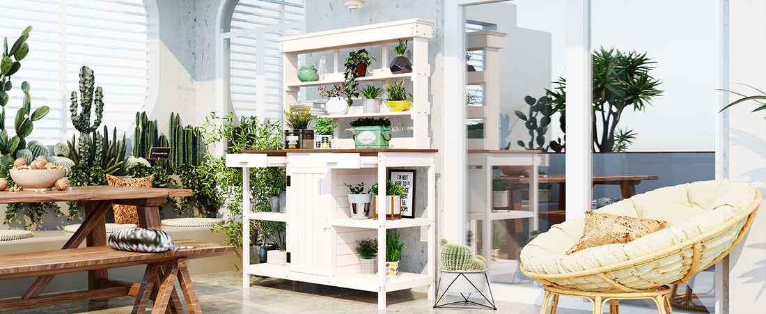 66" Large Outdoor Farmhouse Wooden Potting Bench Table, Garden Workstation With 2 Drawers, Cabinet And Open Shelves For Backyard, Mudroom, White White Garden & Outdoor Casual Wood Solid Wood