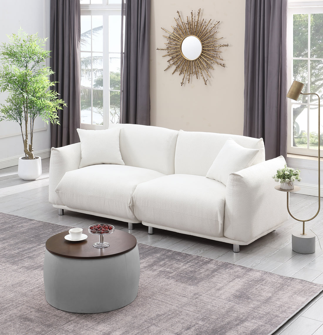 Video Round Ottoman Set With Storage, 2 In 1 Combination, Round Coffee Table, Square Foot Rest Footstool For Living Room Bedroom Entryway Office Gray Velvet