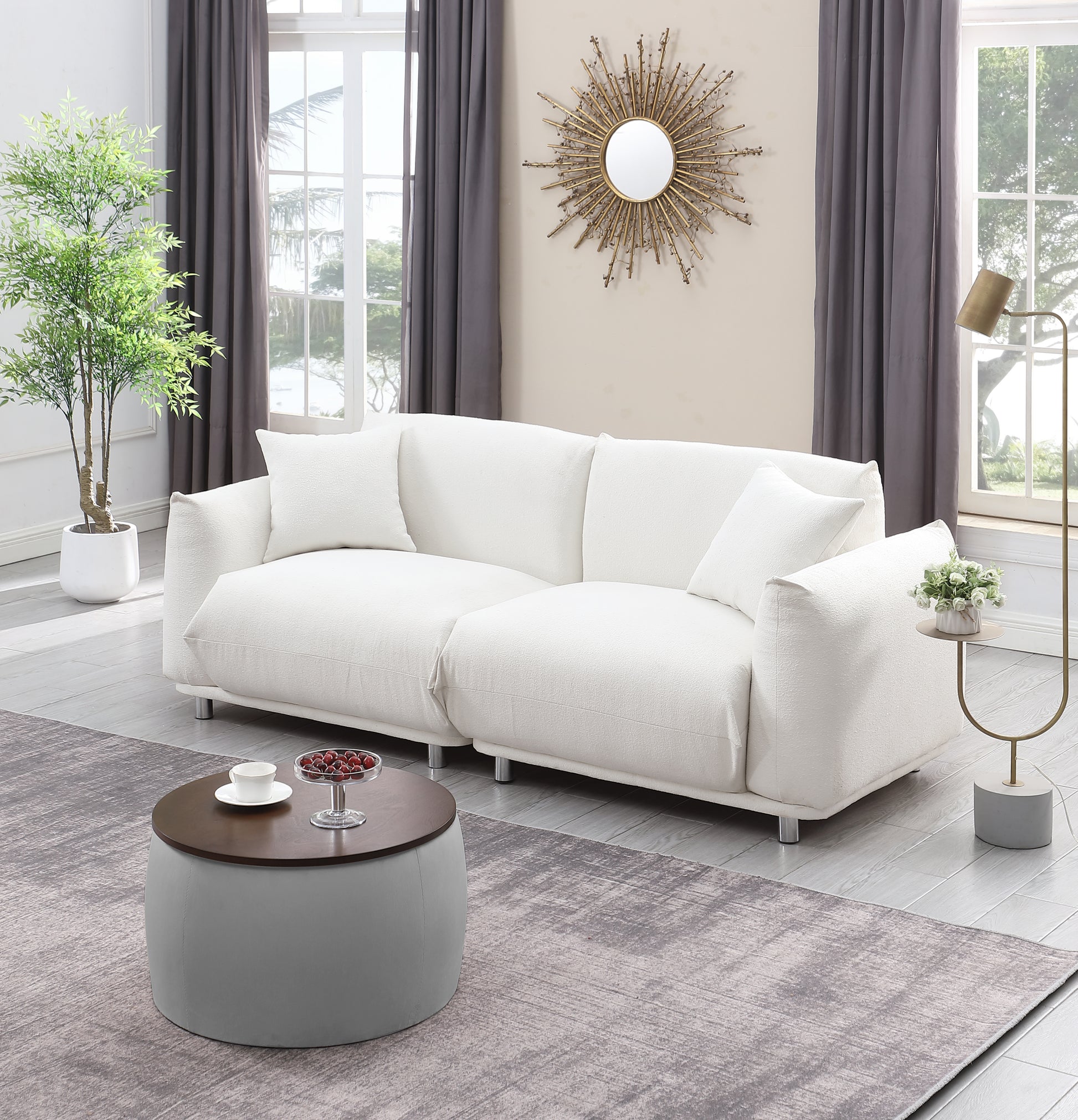 Video Round Ottoman Set With Storage, 2 In 1 Combination, Round Coffee Table, Square Foot Rest Footstool For Living Room Bedroom Entryway Office Gray Velvet