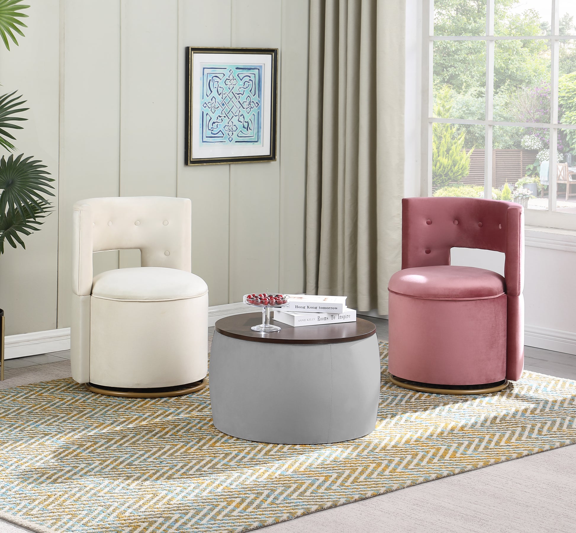 Video Round Ottoman Set With Storage, 2 In 1 Combination, Round Coffee Table, Square Foot Rest Footstool For Living Room Bedroom Entryway Office Gray Velvet