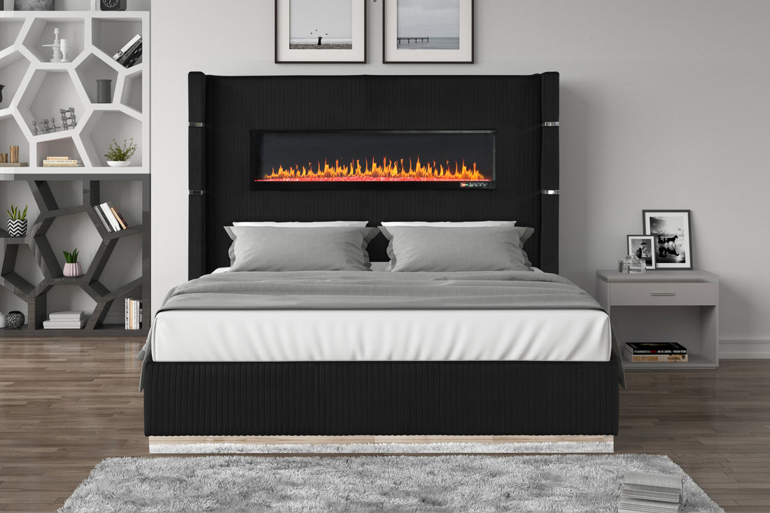Lizelle Upholstery Wooden Queen 5 Pc Bedroom Set With Ambient Lighting In Black Velvet Finish Box Spring Required Queen Black Wood 5 Piece Set Bedroom Bed Included,Chest Included,Dresser Included,Mirror Included,Nightstand Included Modern Solid Wood Mdf