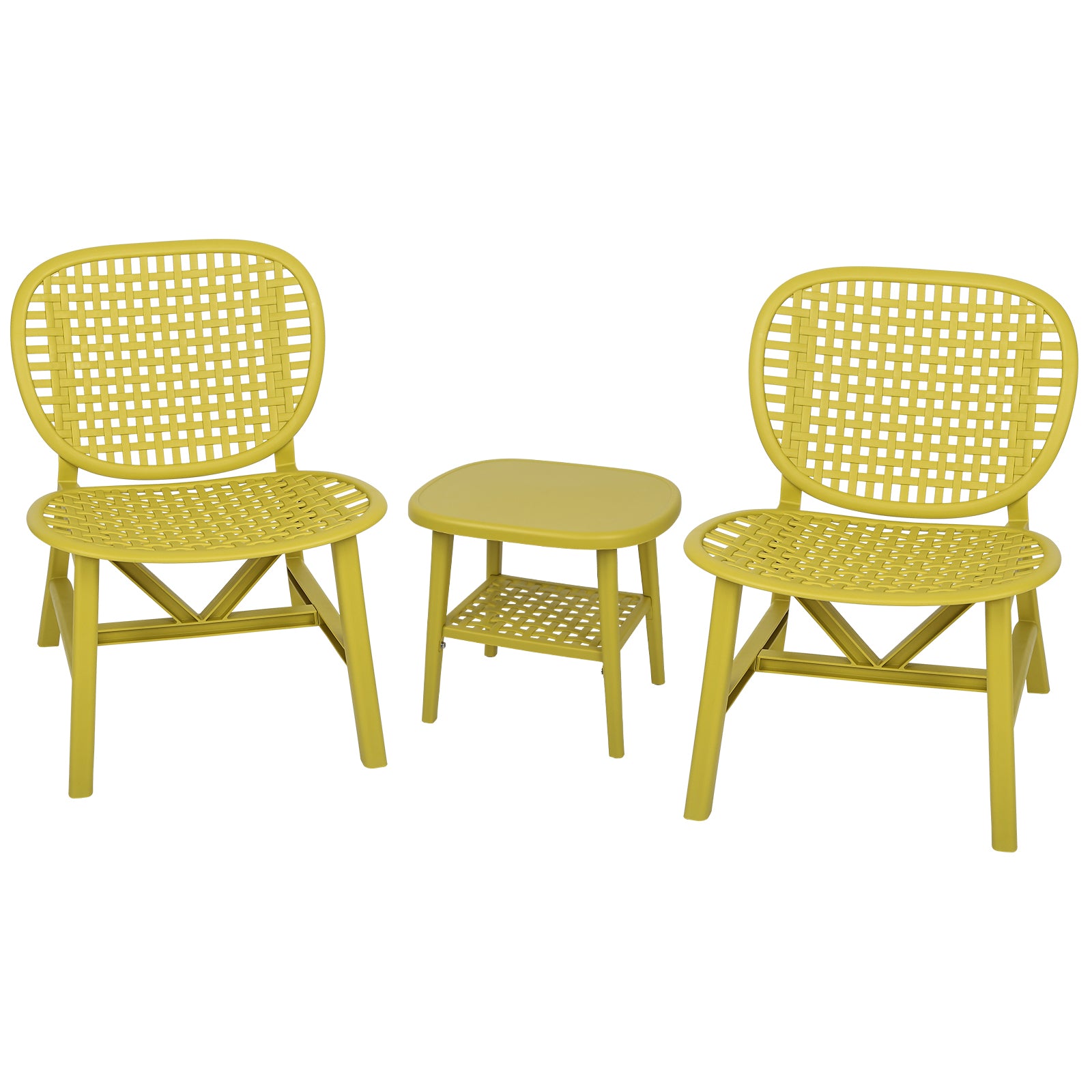 3 Pieces Hollow Design Patio Table Chair Set All Weather Conversation Bistro Set Outdoor Coffee Table With Open Shelf And Lounge Chairs With Widened Seat For Balcony Garden Yard Yellow Yellow Polypropylene