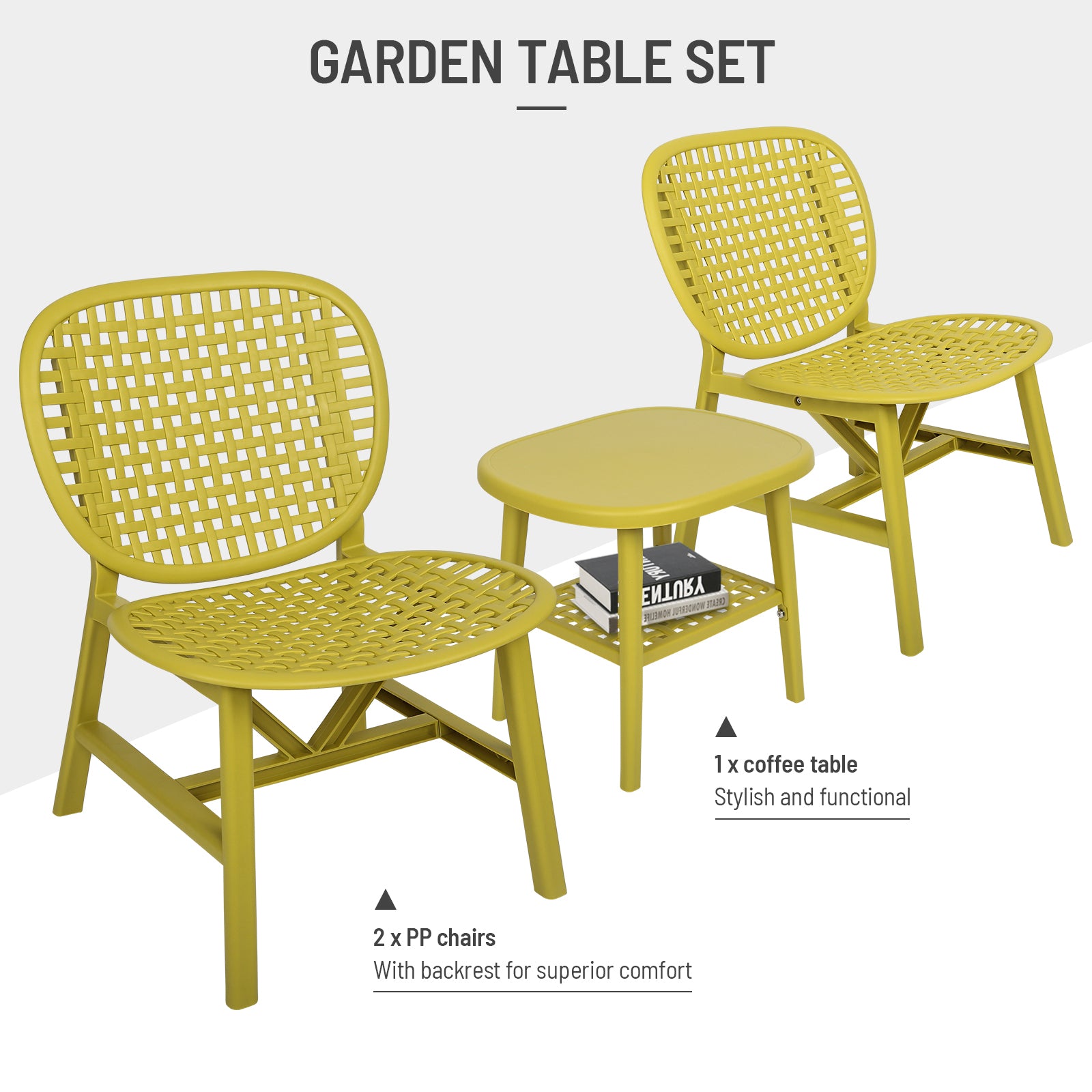 3 Pieces Hollow Design Patio Table Chair Set All Weather Conversation Bistro Set Outdoor Coffee Table With Open Shelf And Lounge Chairs With Widened Seat For Balcony Garden Yard Yellow Yellow Polypropylene